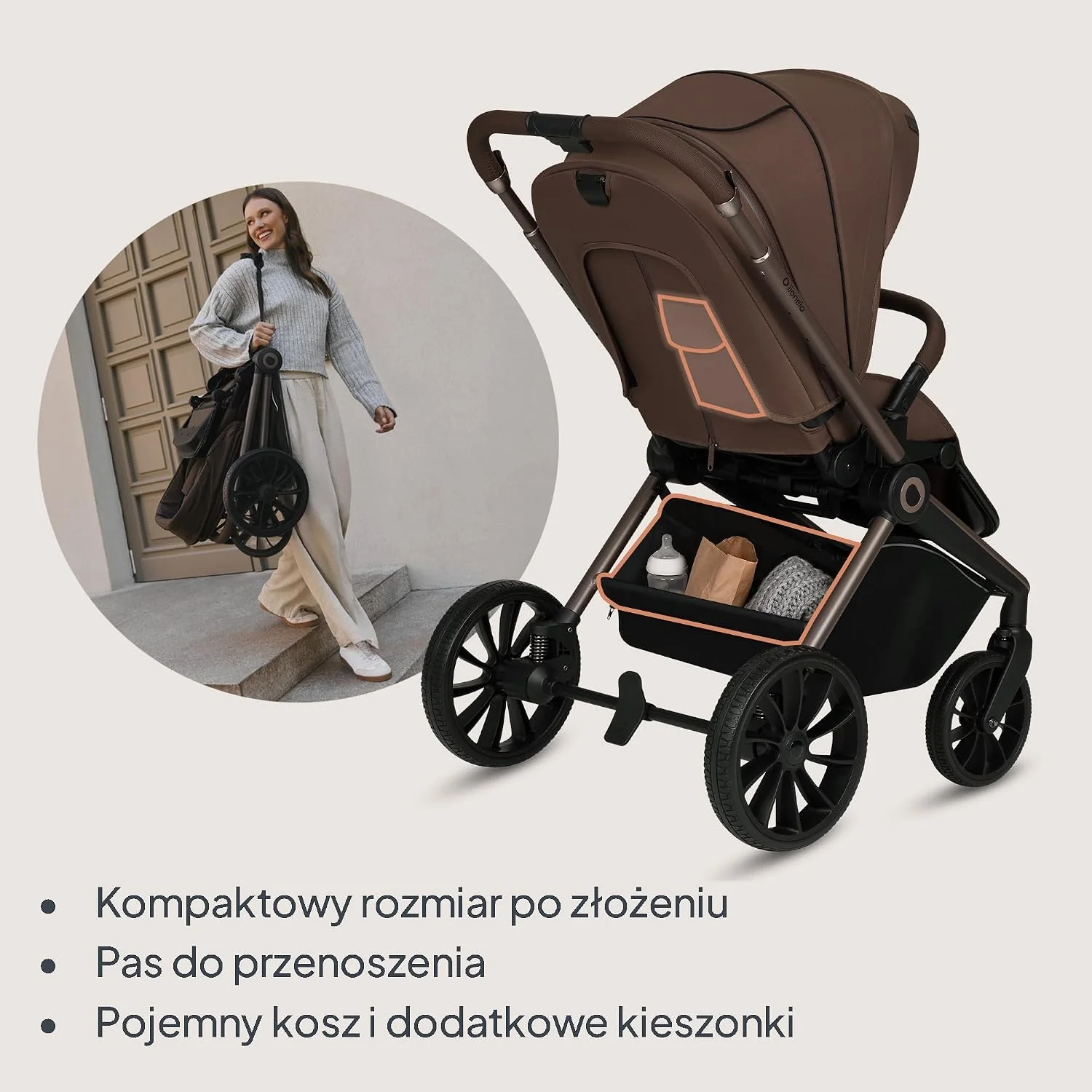 LIONELO Mika wózek 3w1 zestaw spacerówka, gondola i fotelik samochodowy, funkcja nosidełka, w zestawie moskitiera, pokrowiec na nóżki, folia przeciwdeszczowa, gumowe koła, lekka konstrukcja