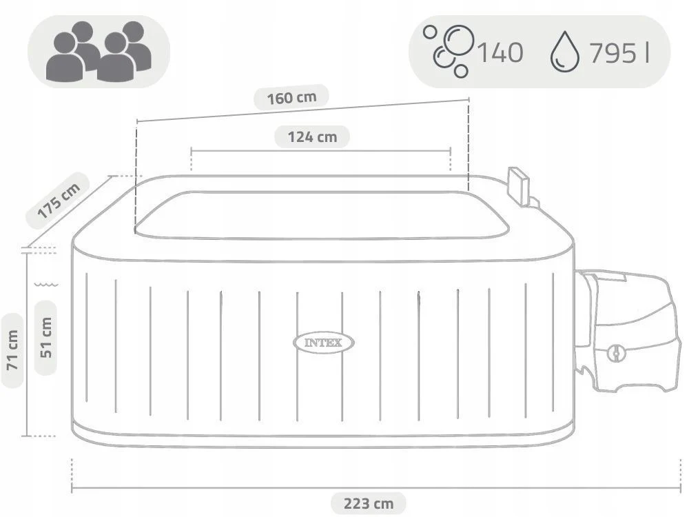 Dmuchane Ogrodowe Spa Hydromasaż 175x175 Intex 28450 4osoby WiFi+Led+GenChl