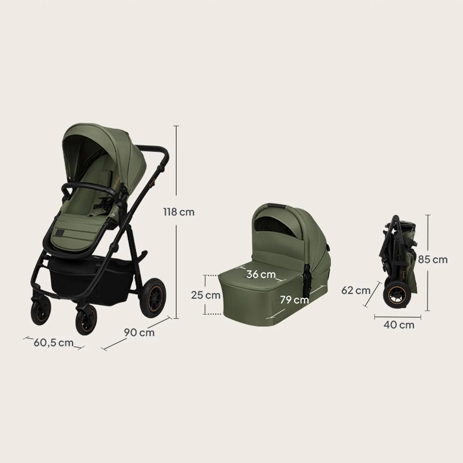 LIONELO AMBER PLUS 3 w 1 Wielofunkcyjny Wózek Dziecięcy od 0 do 4 lat do 22kg z Gondolą XL, Fotelik Samochodowy do 13 kg, Regulacja Oparcia, Duże Terenowe Koła 360o Budka XXL