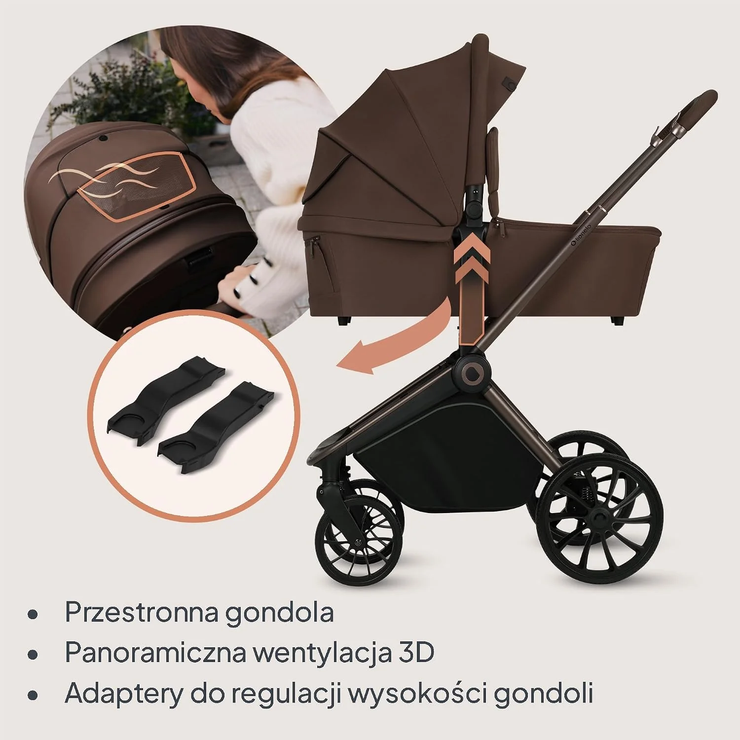 LIONELO Mika wózek 3w1 zestaw spacerówka, gondola i fotelik samochodowy, funkcja nosidełka, w zestawie moskitiera, pokrowiec na nóżki, folia przeciwdeszczowa, gumowe koła, lekka konstrukcja