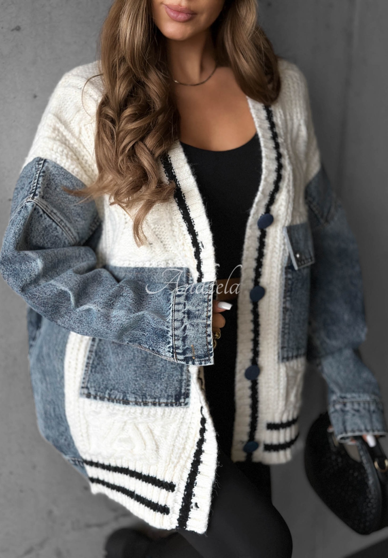 Bawełniany sweter kardigan z jeansowymi elementami Morning Streets ecru — 2