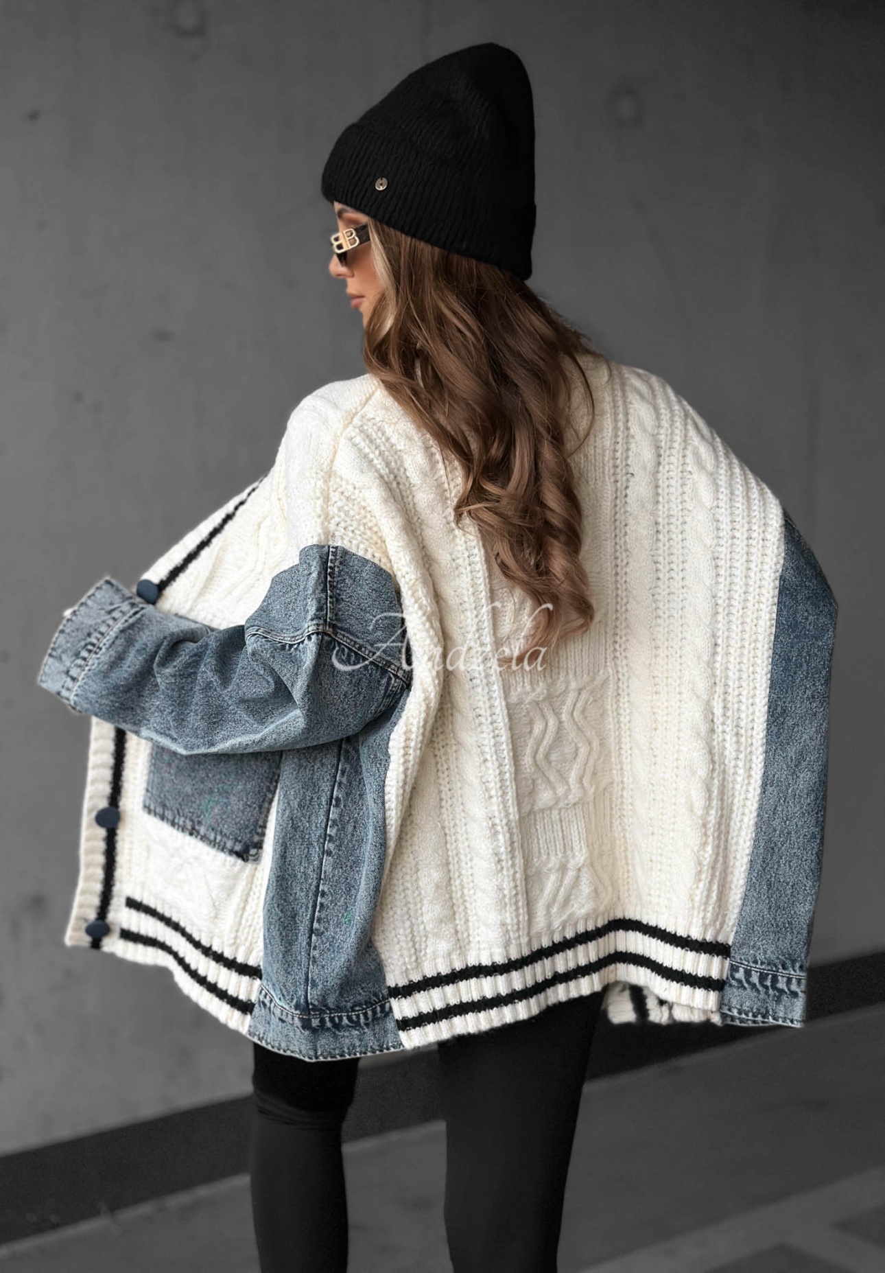 Bawełniany sweter kardigan z jeansowymi elementami Morning Streets ecru — 6