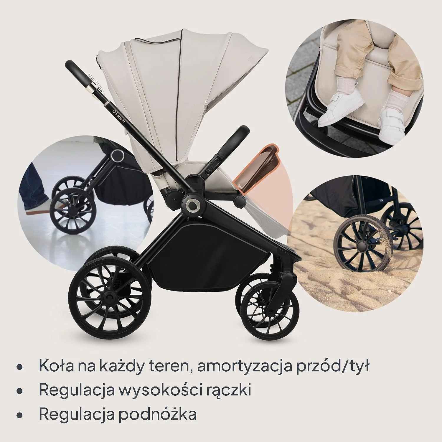 LIONELO MIKA PLUS 3 w 1 Wózek Spacerowy Dziecięcy 0-48 miesięcy do 22 kg Gondola do 9 kg Fotelik Samochodowy Nosidło do 13 kg, Regulacja Oparcia, Amortyzacja, Koła 360° Budka XXL (Beżowy)