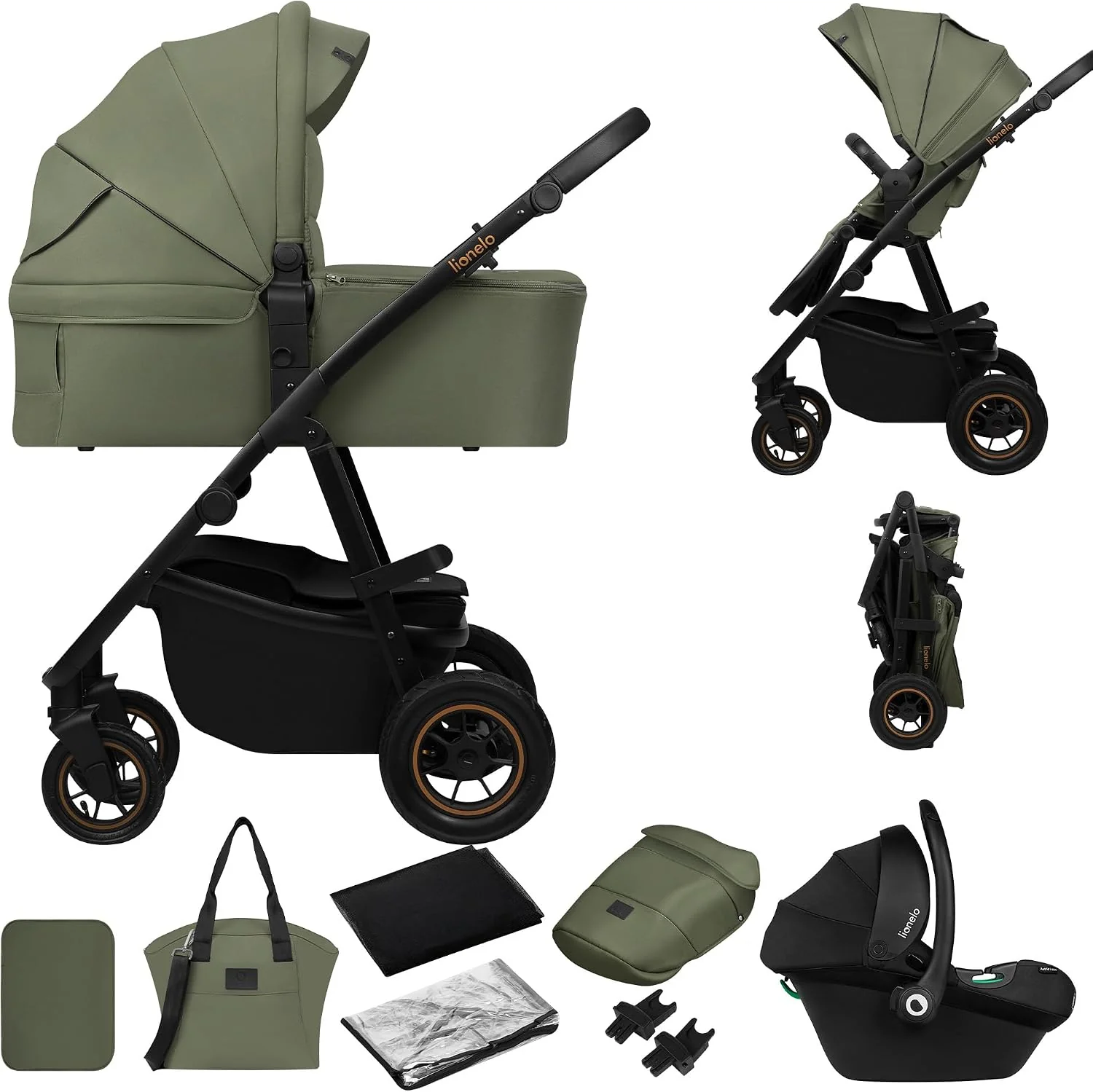 LIONELO AMBER PLUS 3 w 1 Wielofunkcyjny Wózek Dziecięcy od 0 do 4 lat do 22kg z Gondolą XL, Fotelik Samochodowy do 13 kg, Regulacja Oparcia, Duże Terenowe Koła 360o Budka XXL