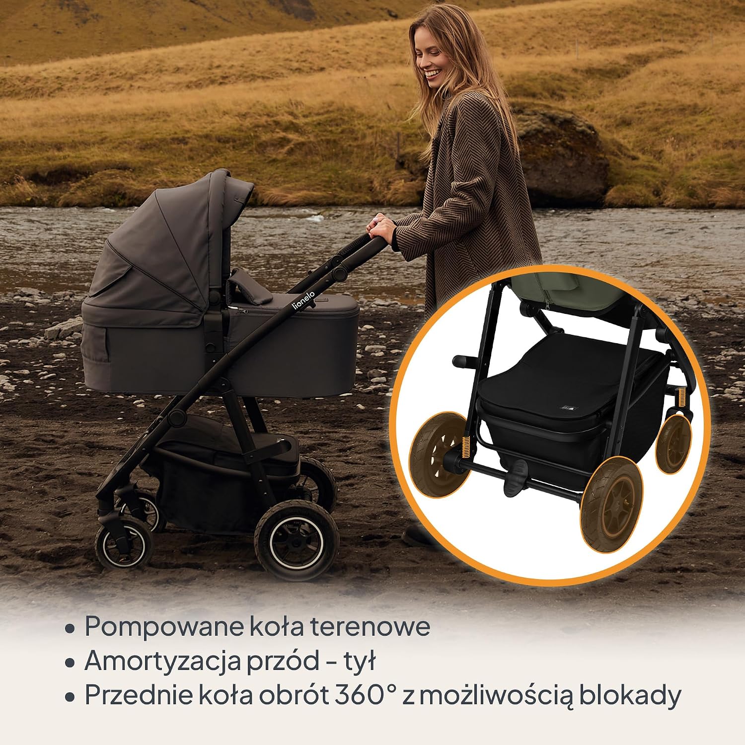 LIONELO AMBER PLUS 3 w 1 Wielofunkcyjny Wózek Dziecięcy od 0 do 4 lat do 22kg z Gondolą XL, Fotelik Samochodowy do 13 kg, Regulacja Oparcia, Duże Terenowe Koła 360o Budka XXL