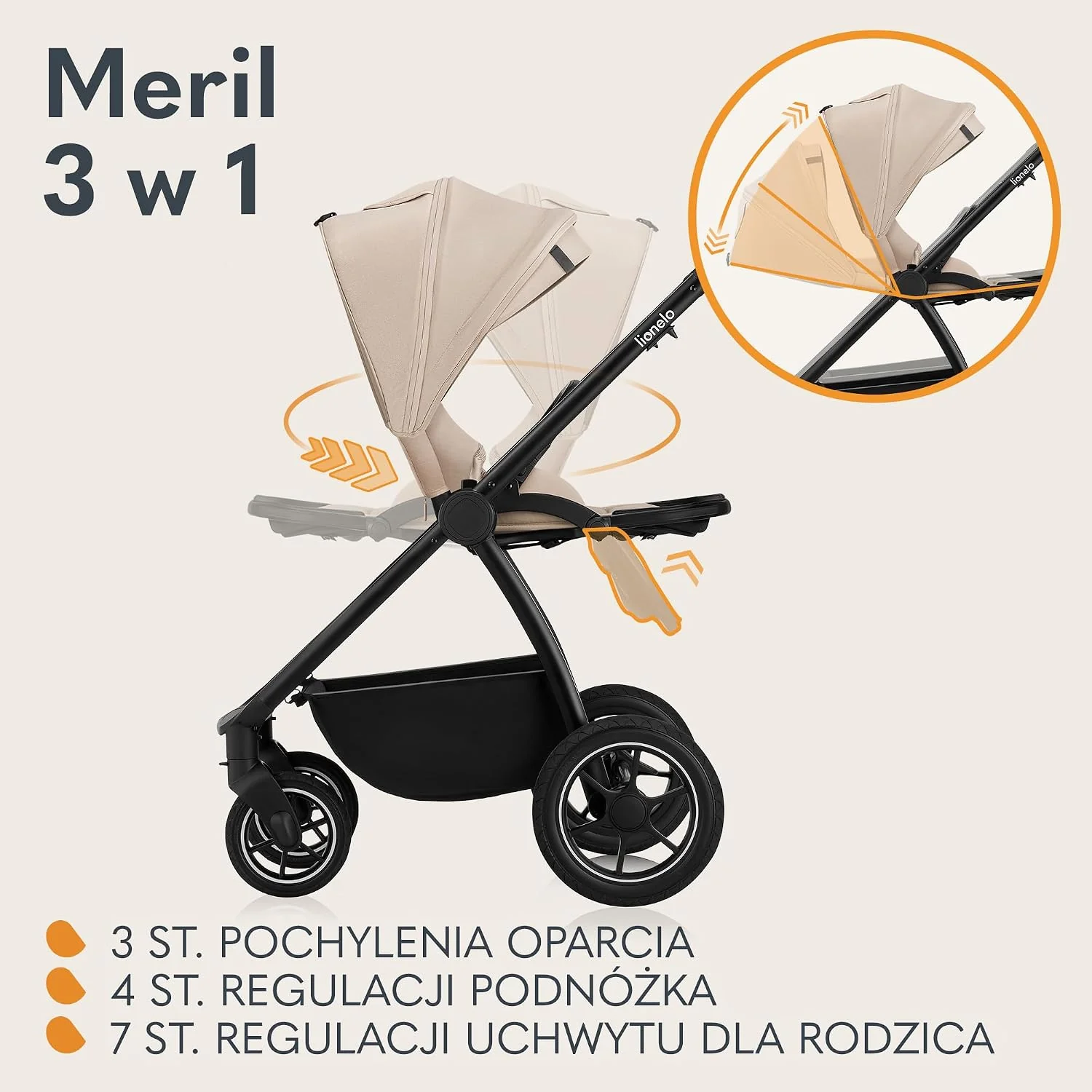 LIONELO MERIL 3 in 1 Wielofunkcyjny Wózek Dziecięcy 0-48 Miesięcy Do 22 Kg, Gondola Do 9 Kg, Fotelik Samochodowy Do 13 Kg, Koła Terenowe 360°, Pełna Amortyzacja, Budka XXL UPF50+ (Beżowy)