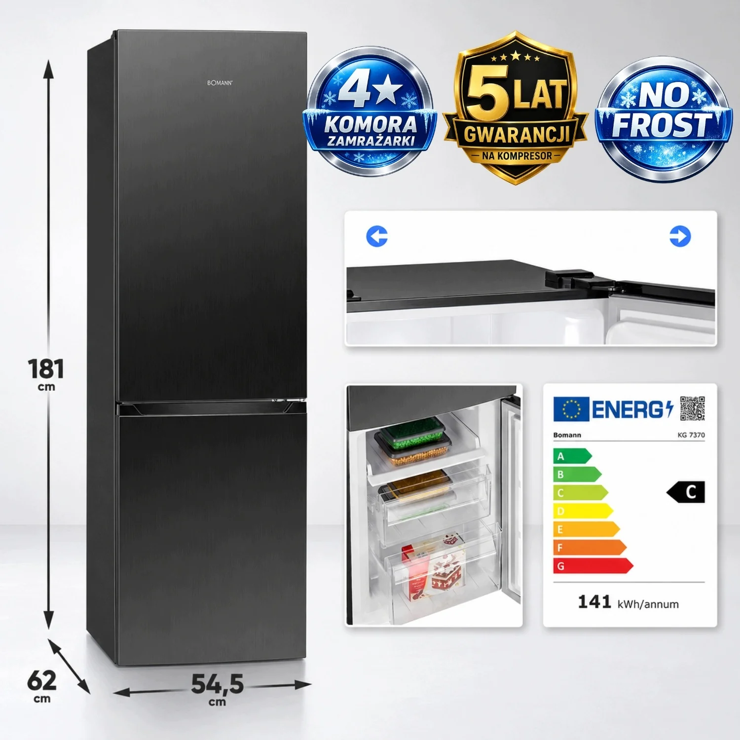 Lodówko-zamrażarka Bomann KG 7370 No Frost 253 l ciemny inox klasa C