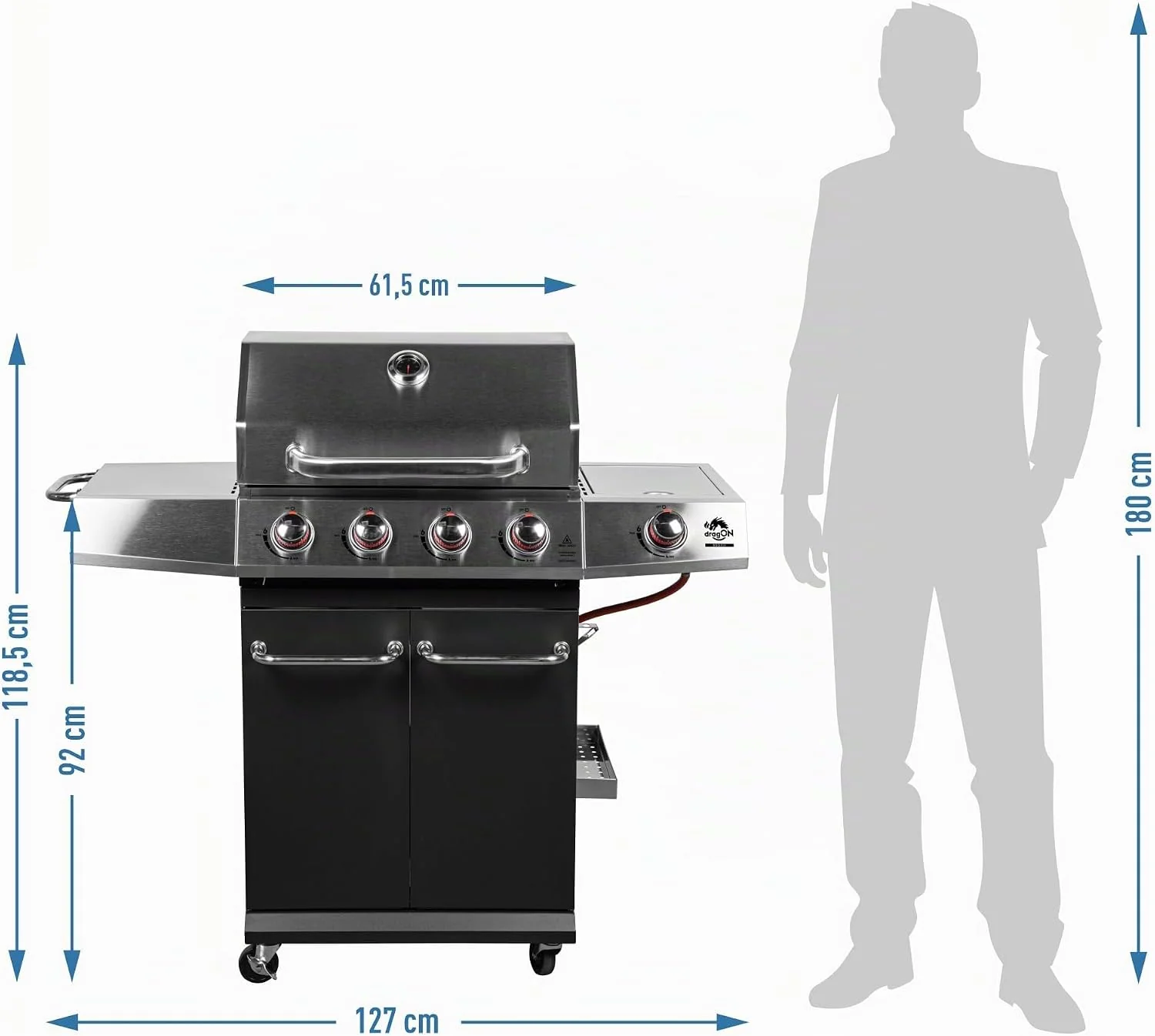 BROWIN® dragON BBQ101 | Grill Gazowy | BBQ | Wielofunkcyjny | Stal nierdzewna | Grill na 4 kółkach | 4 Palniki Główne | Palnik Boczny | 60 x 36,5 cm | 11,7 kW | Czarno-Srebrny