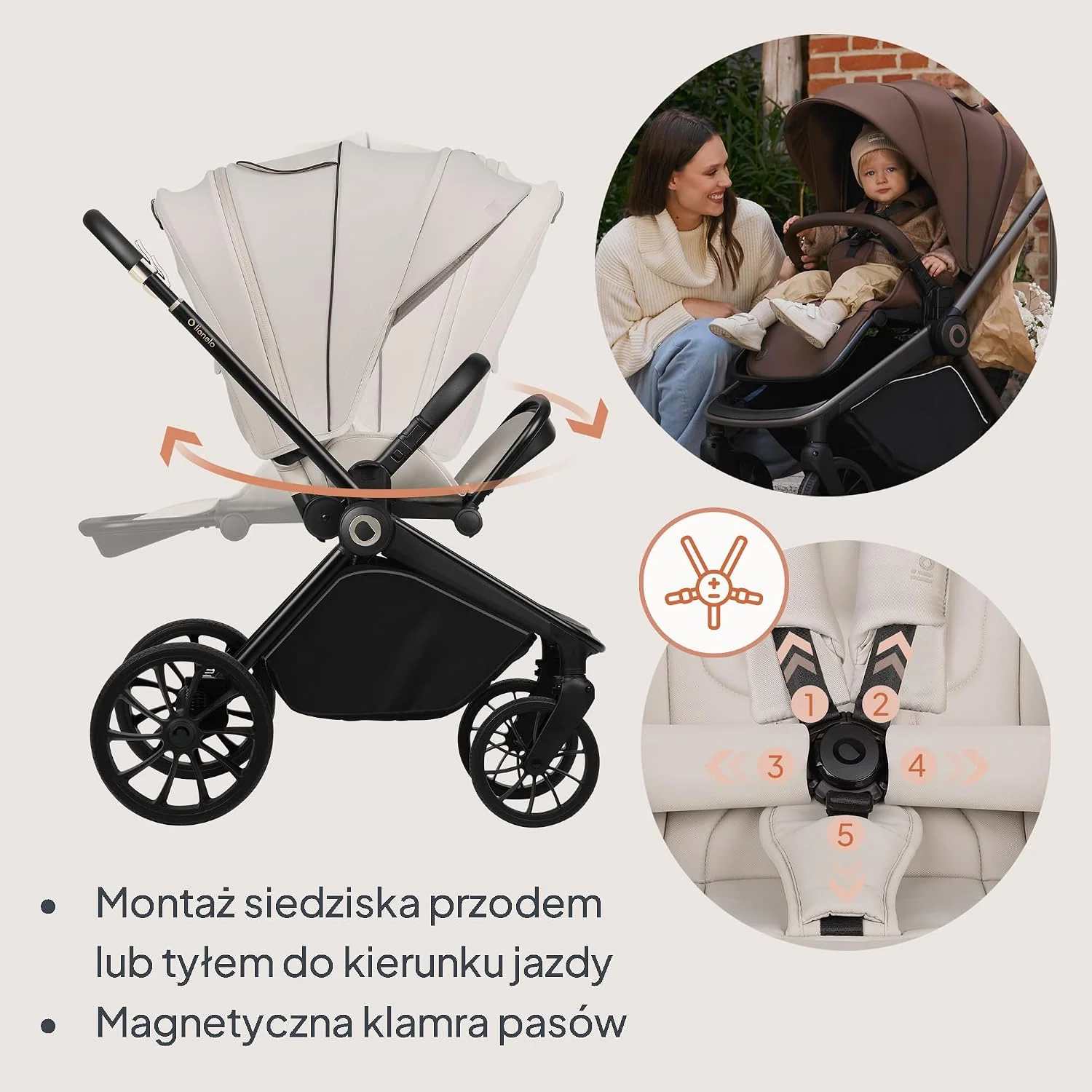 LIONELO MIKA PLUS 3 w 1 Wózek Spacerowy Dziecięcy 0-48 miesięcy do 22 kg Gondola do 9 kg Fotelik Samochodowy Nosidło do 13 kg, Regulacja Oparcia, Amortyzacja, Koła 360° Budka XXL (Beżowy)