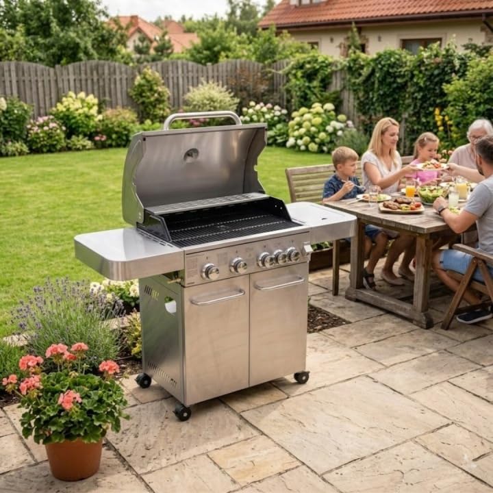 PROLINE Grill Gazowy Nierdzewny 4+1 17,15 kW – Grill Ogrodowy Premium z Rusztem Żeliwnym, Palnikiem Bocznym, Termometrem, Szafką na Butlę 11 kg, 74×44 cm, 48 kg, Zapłon Elektroniczny — widok produktu