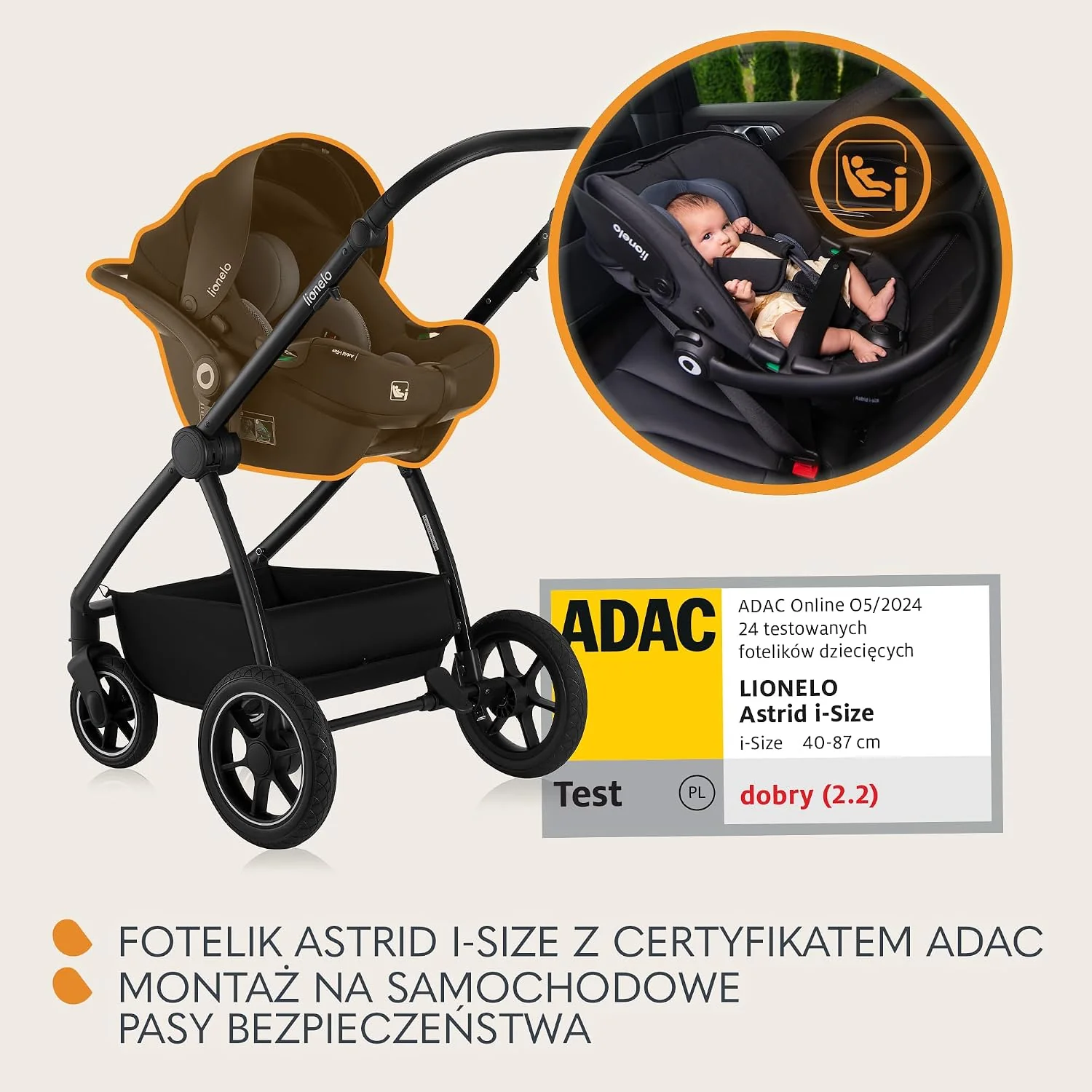 LIONELO MERIL 3 in 1 Wielofunkcyjny Wózek Dziecięcy 0-48 Miesięcy Do 22 Kg, Gondola Do 9 Kg, Fotelik Samochodowy Do 13 Kg, Koła Terenowe 360°, Pełna Amortyzacja, Budka XXL UPF50+ (Beżowy)