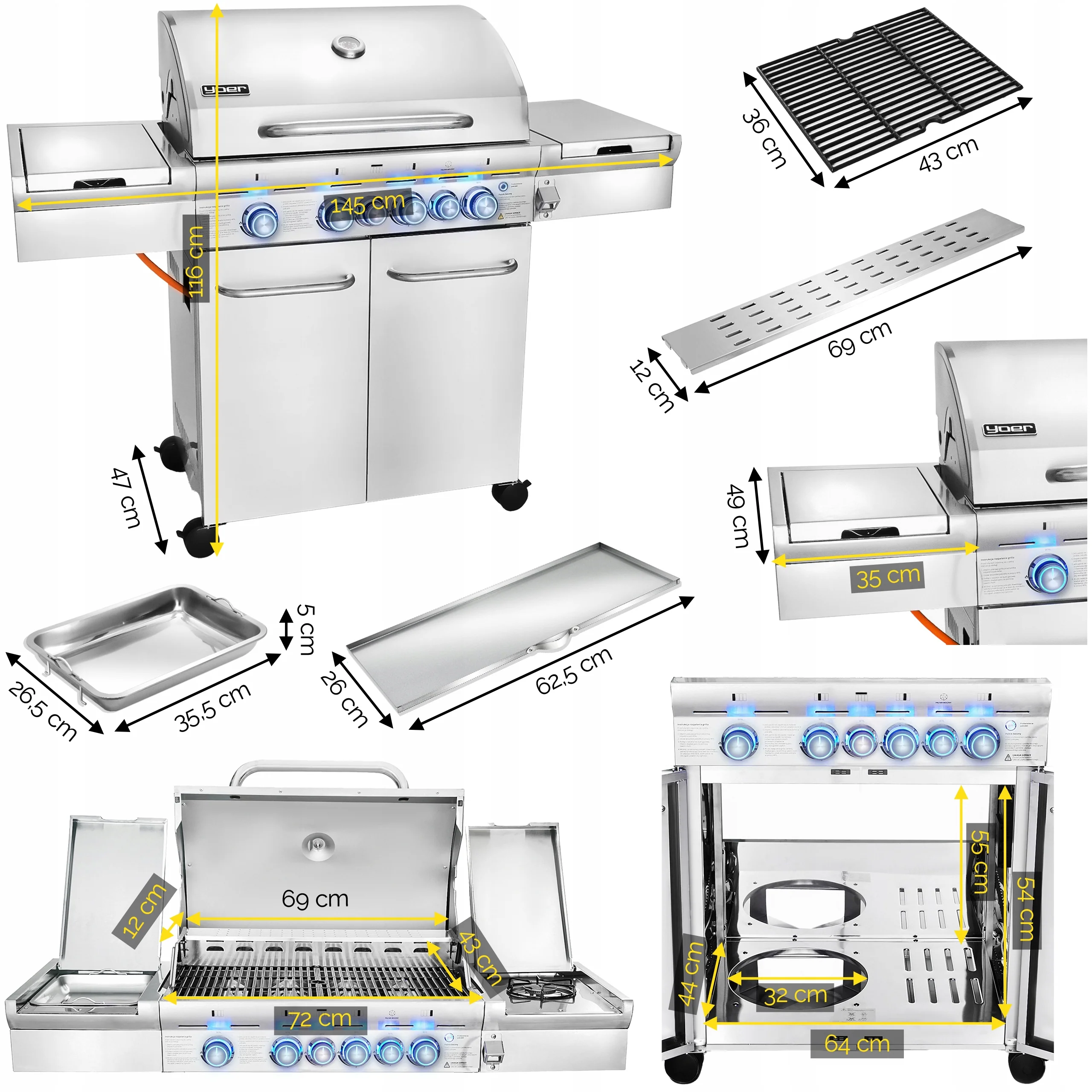 Grill gazowy Yoer 21,15 kW Ogrodowy ŻELIWNY nierdzewny 4+2 +szafka na butlę