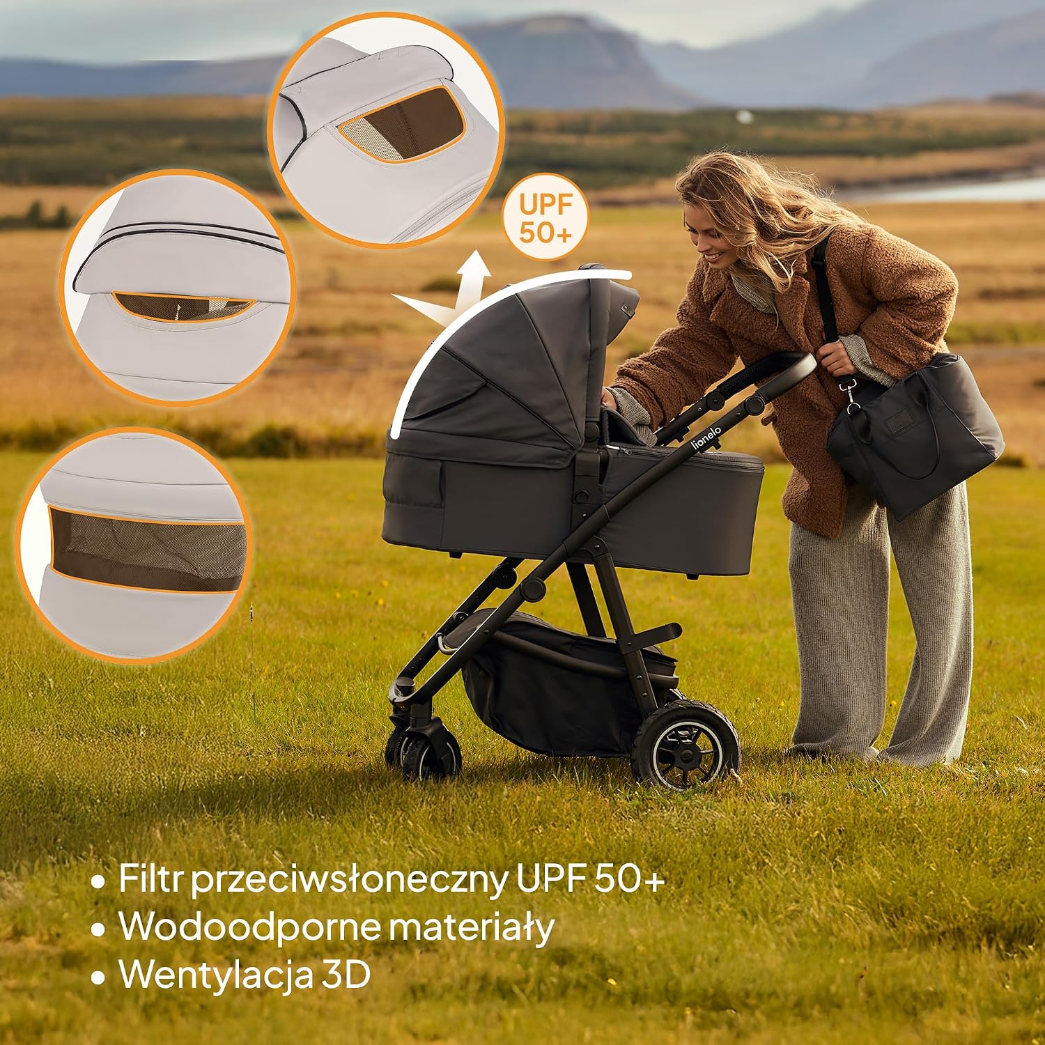 LIONELO AMBER PLUS 3 w 1 Wielofunkcyjny Wózek Dziecięcy od 0 do 4 lat do 22kg z Gondolą XL, Fotelik Samochodowy do 13 kg, Regulacja Oparcia, Duże Terenowe Koła 360o Budka XXL