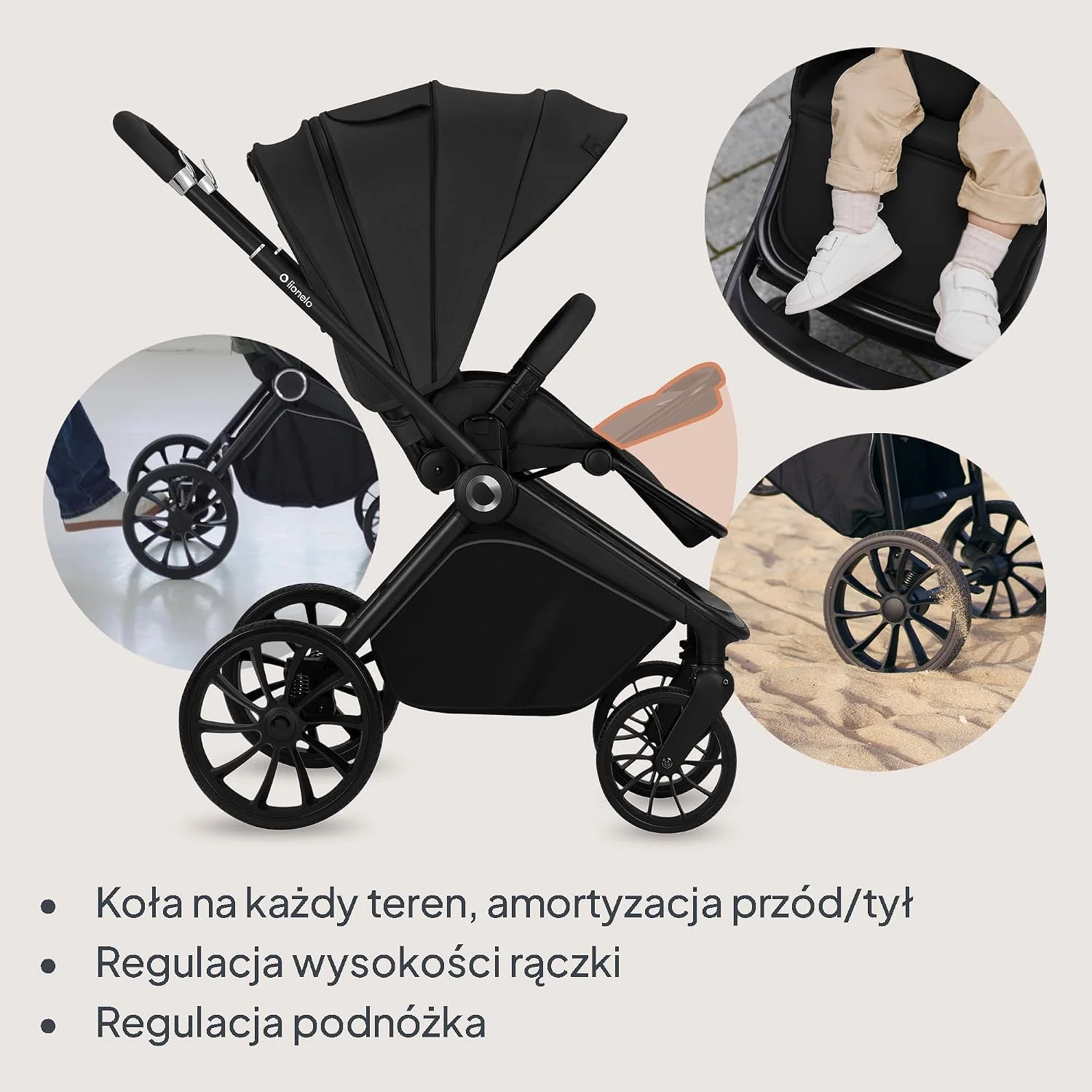 LIONELO MIKA PLUS 3 w 1 Wózek Spacerowy Dziecięcy 0-48 miesięcy do 22 kg Gondola do 9 kg Fotelik Samochodowy Nosidło do 13 kg, Regulacja Oparcia, Amortyzacja, Koła 360° Budka XXL (Czarny)