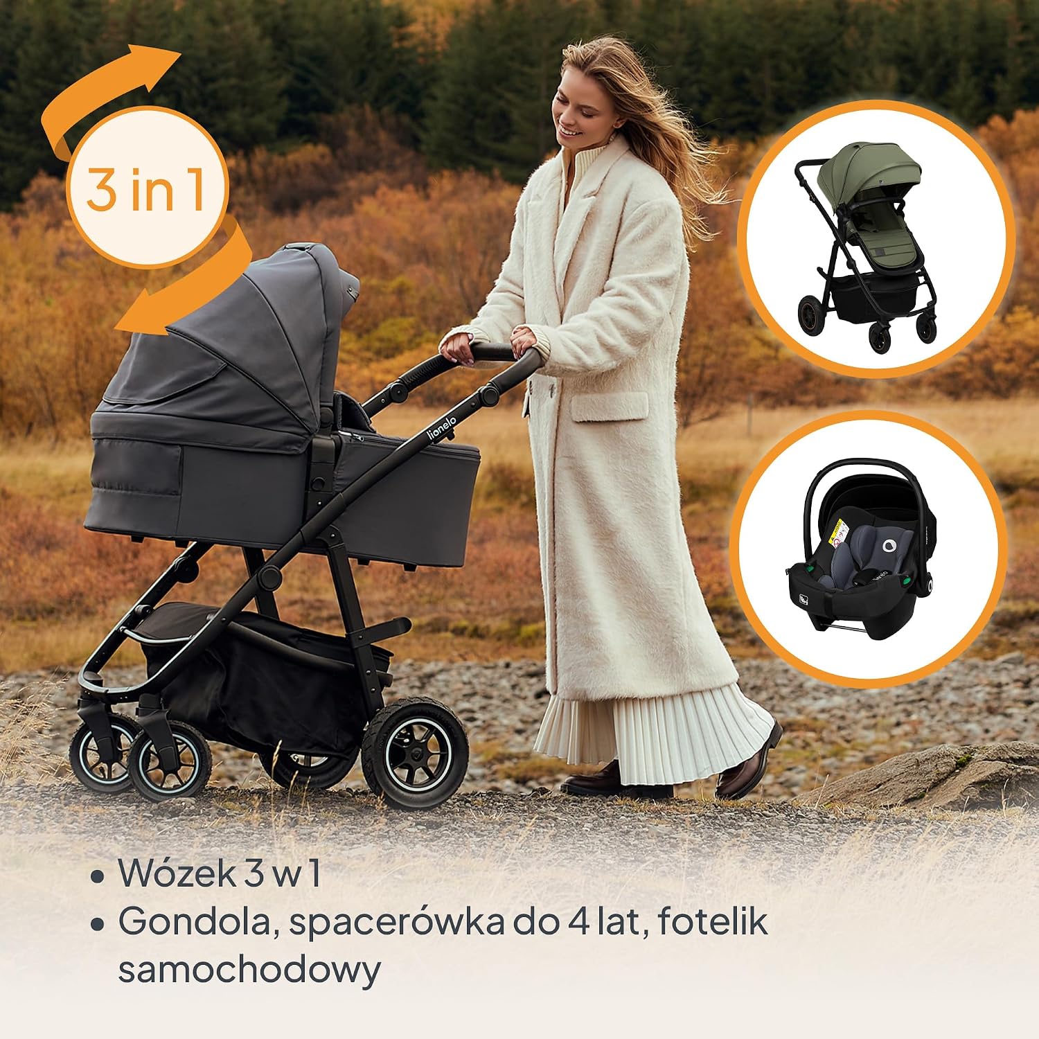 LIONELO AMBER PLUS 3 w 1 Wielofunkcyjny Wózek Dziecięcy od 0 do 4 lat do 22kg z Gondolą XL, Fotelik Samochodowy do 13 kg, Regulacja Oparcia, Duże Terenowe Koła 360o Budka XXL