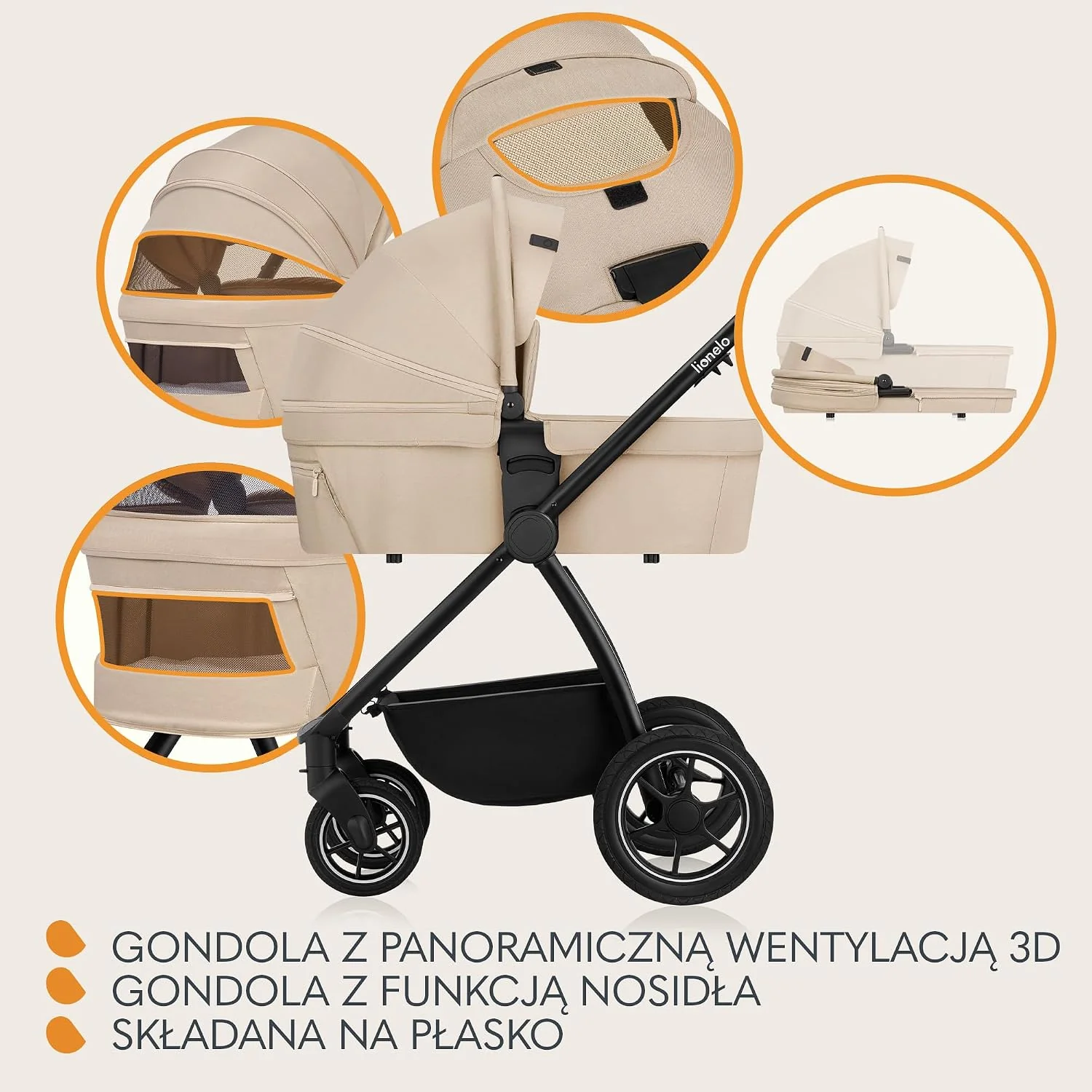 LIONELO MERIL 3 in 1 Wielofunkcyjny Wózek Dziecięcy 0-48 Miesięcy Do 22 Kg, Gondola Do 9 Kg, Fotelik Samochodowy Do 13 Kg, Koła Terenowe 360°, Pełna Amortyzacja, Budka XXL UPF50+ (Beżowy)