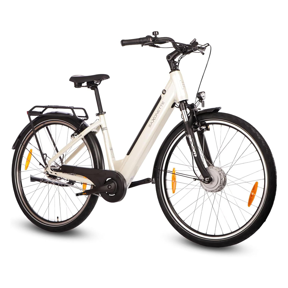 SAXONETTE E Bike mit Rücktrittbremse und nabenschaltung, Ebike Damen 28 Zoll mit 36V 13Ah BMS Akku, 7 Gang Elektro Fahrrad Erwachsene mit Federgabel, Pedelec mit Gepäckträger für Damen und Herren
