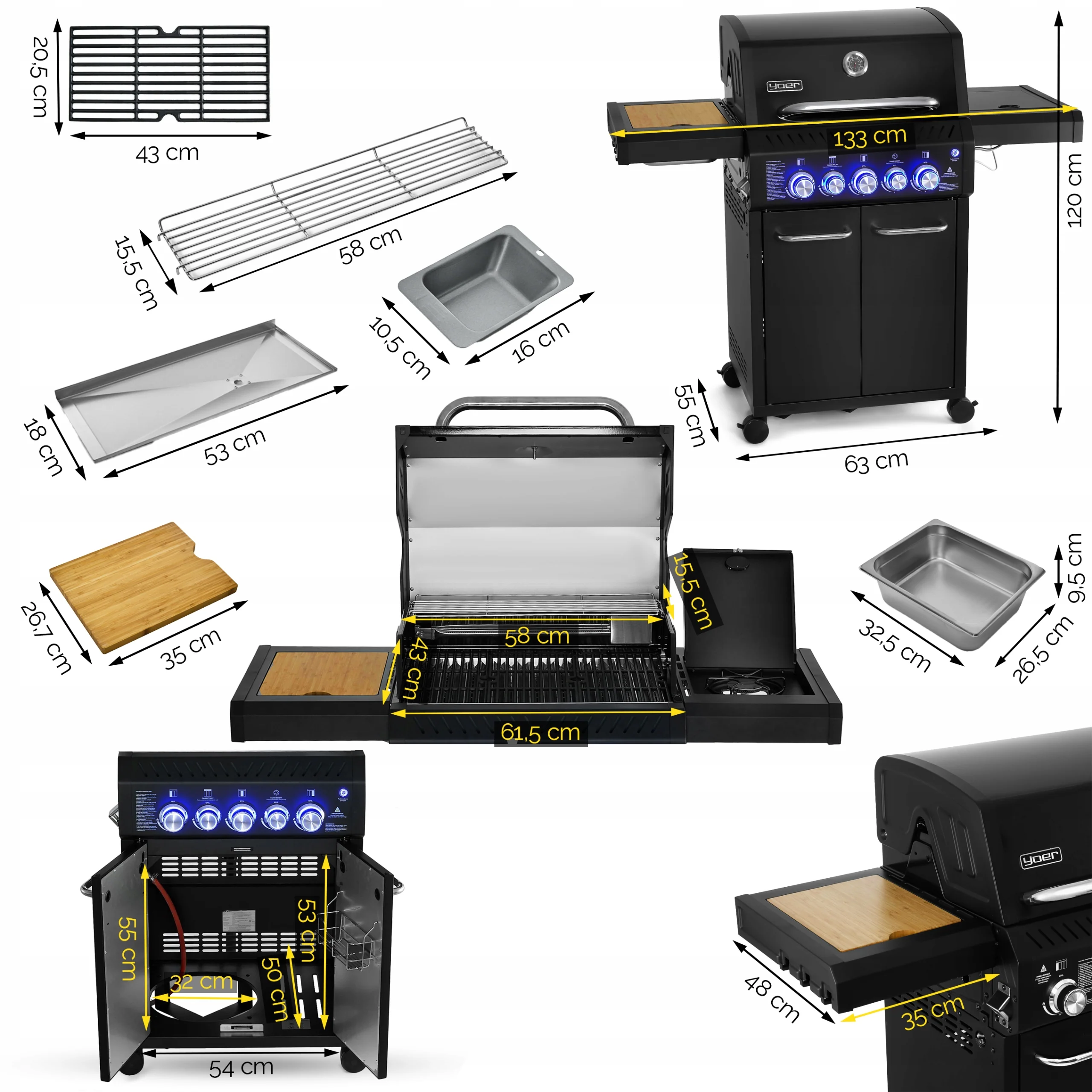 Grill gazowy Yoer 17,65 kW Ogrodowy ŻELIWNY nierdzewny 3+2 +szafka na butlę