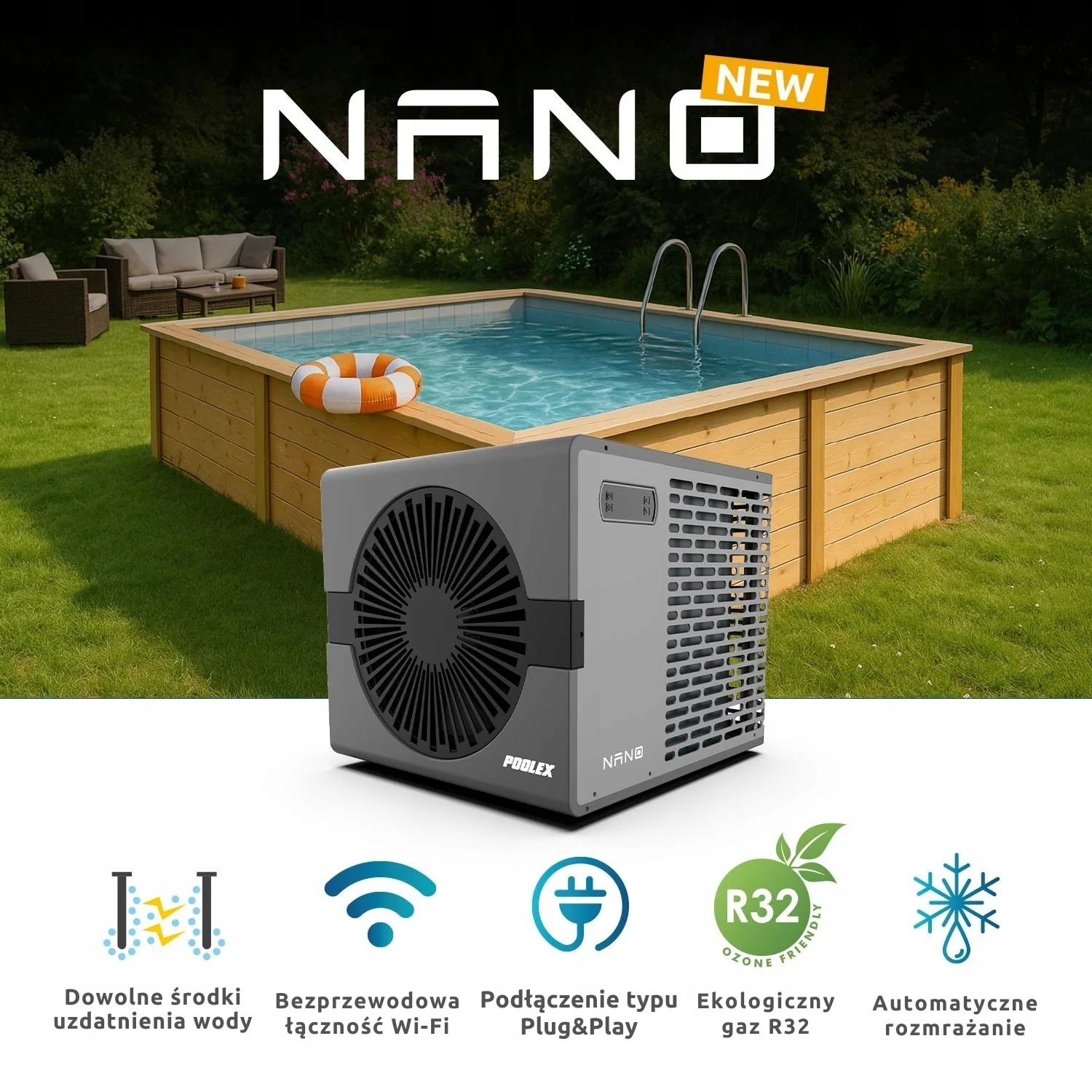 Pompa ciepła do basenu 5,0kW Podgrzewacz wody Poolex PC-NANO-B5 Wi-Fi