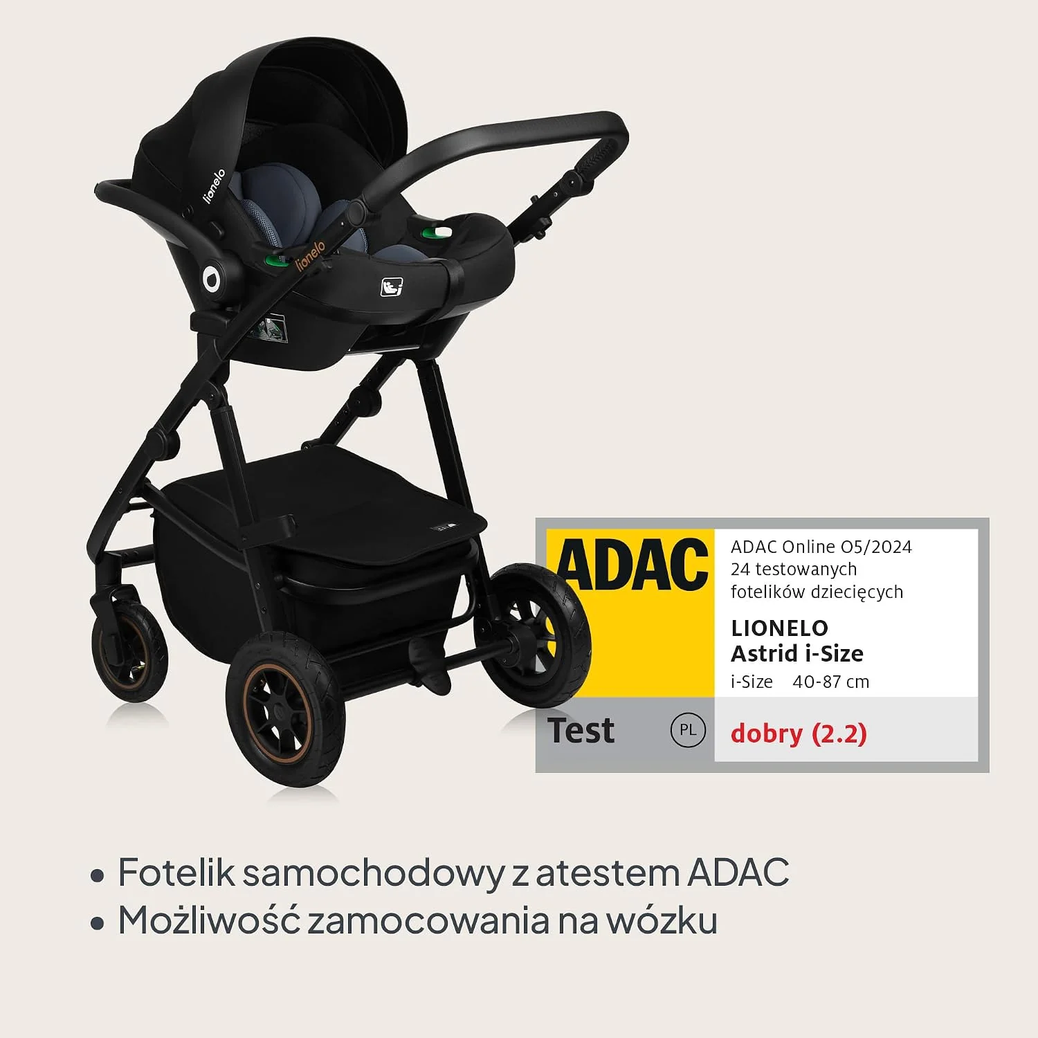 LIONELO AMBER PLUS 3 w 1 Wielofunkcyjny Wózek Dziecięcy od 0 do 4 lat do 22kg z Gondolą XL, Fotelik Samochodowy do 13 kg, Regulacja Oparcia, Duże Terenowe Koła 360o Budka XXL