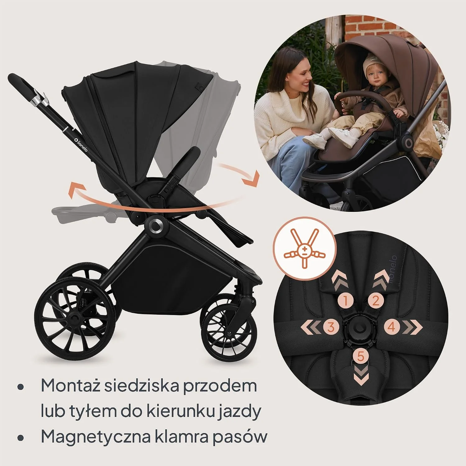 LIONELO MIKA PLUS 3 w 1 Wózek Spacerowy Dziecięcy 0-48 miesięcy do 22 kg Gondola do 9 kg Fotelik Samochodowy Nosidło do 13 kg, Regulacja Oparcia, Amortyzacja, Koła 360° Budka XXL (Czarny)