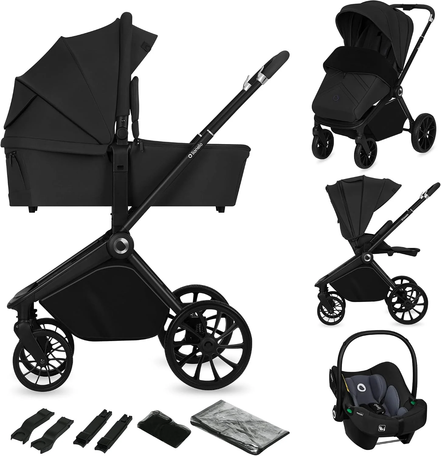 LIONELO MIKA PLUS 3 w 1 Wózek Spacerowy Dziecięcy 0-48 miesięcy do 22 kg Gondola do 9 kg Fotelik Samochodowy Nosidło do 13 kg, Regulacja Oparcia, Amortyzacja, Koła 360° Budka XXL (Czarny)
