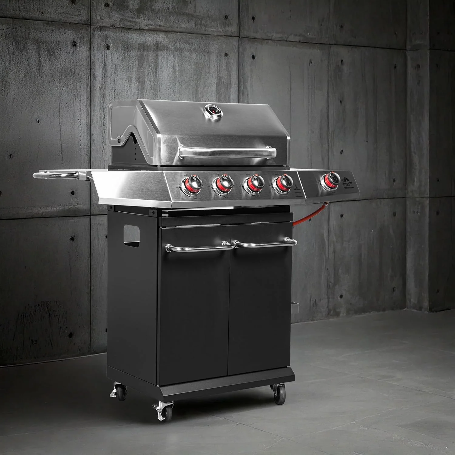 BROWIN® dragON BBQ101 | Grill Gazowy | BBQ | Wielofunkcyjny | Stal nierdzewna | Grill na 4 kółkach | 4 Palniki Główne | Palnik Boczny | 60 x 36,5 cm | 11,7 kW | Czarno-Srebrny
