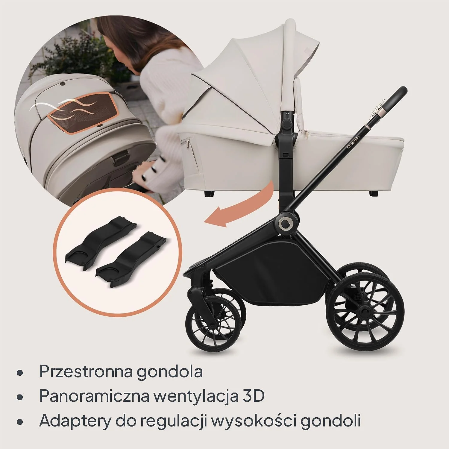 LIONELO MIKA PLUS 3 w 1 Wózek Spacerowy Dziecięcy 0-48 miesięcy do 22 kg Gondola do 9 kg Fotelik Samochodowy Nosidło do 13 kg, Regulacja Oparcia, Amortyzacja, Koła 360° Budka XXL (Beżowy)