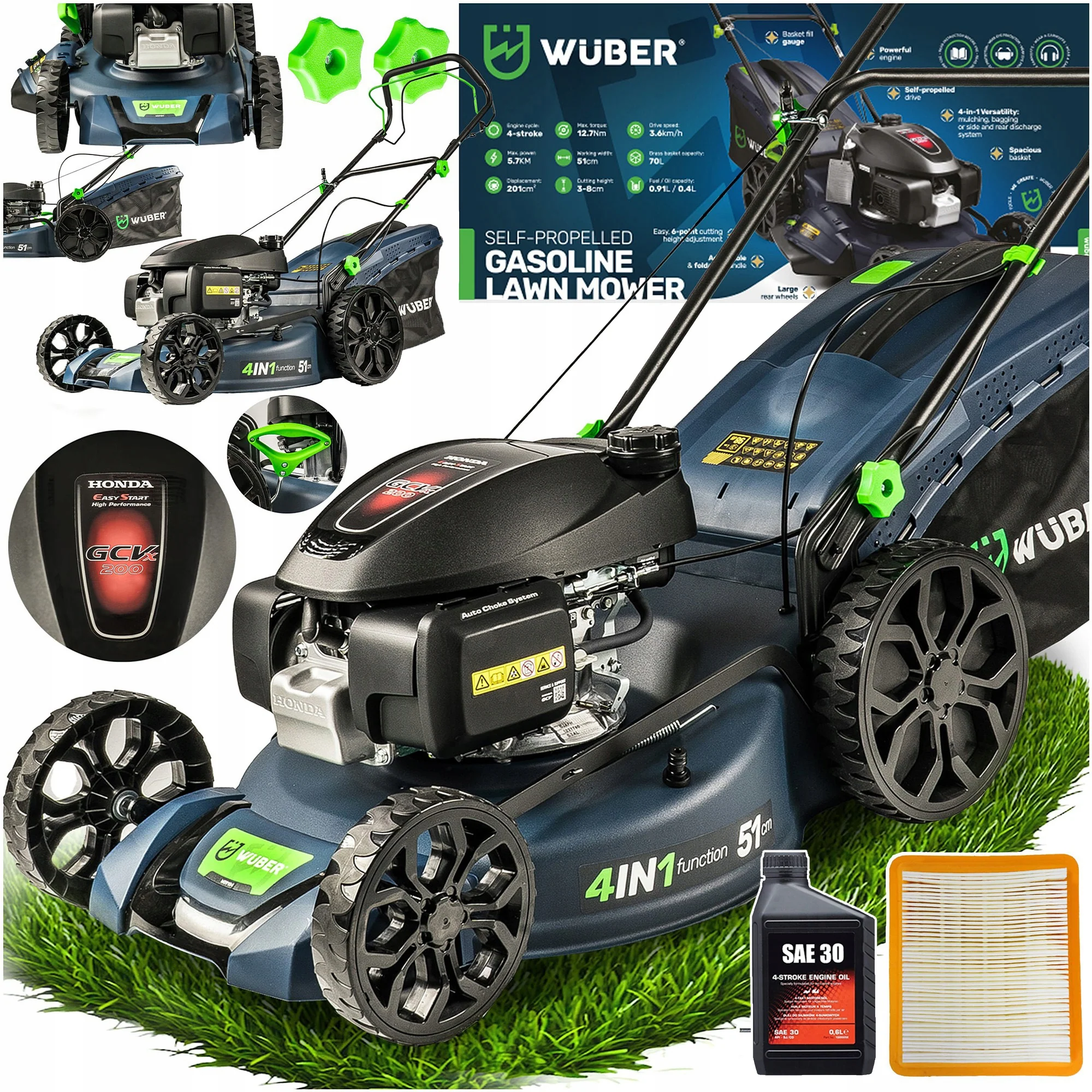 Wuber W09104 — kosiarka spalinowa z napędem Honda, 51 cm, kosz 70 l