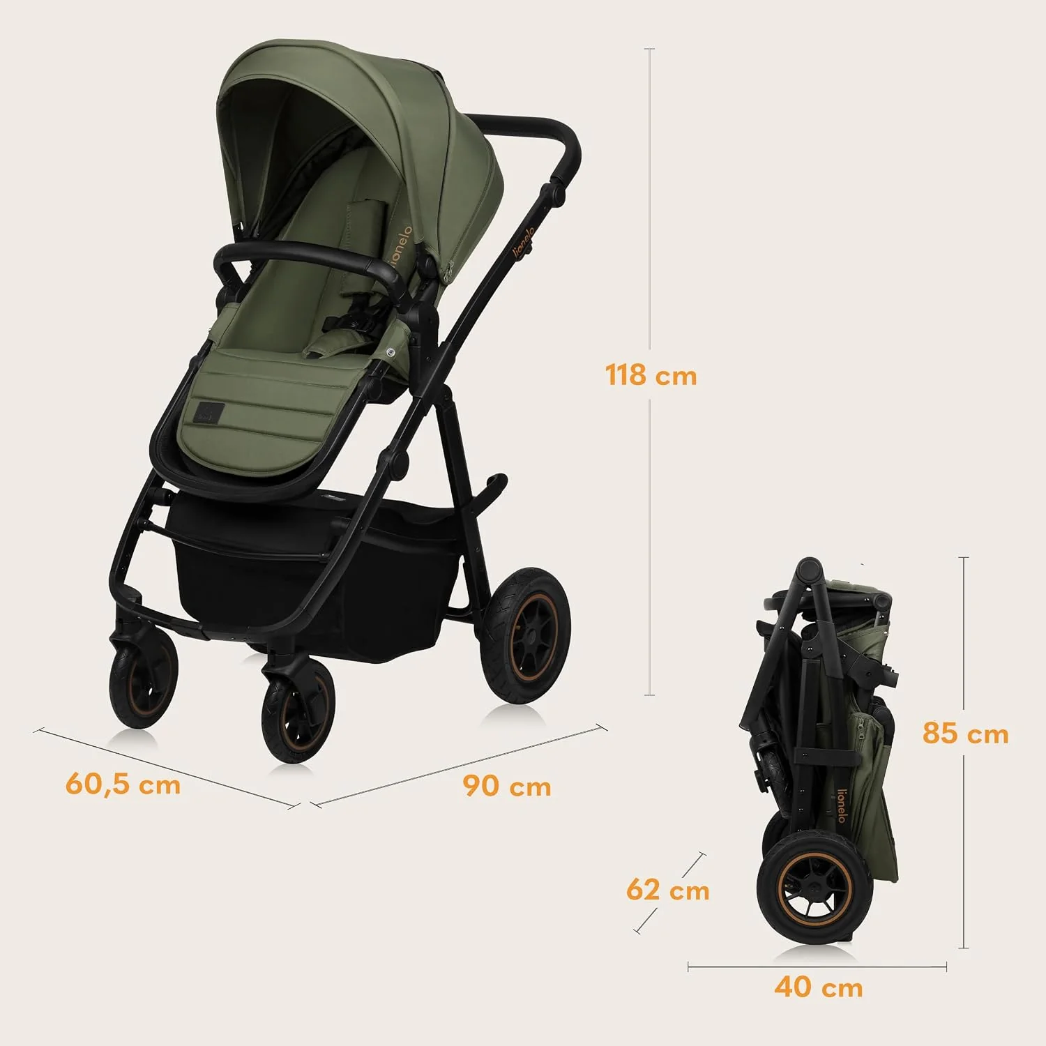 LIONELO AMBER PLUS 3 w 1 Wielofunkcyjny Wózek Dziecięcy od 0 do 4 lat do 22kg z Gondolą XL, Fotelik Samochodowy do 13 kg, Regulacja Oparcia, Duże Terenowe Koła 360o Budka XXL