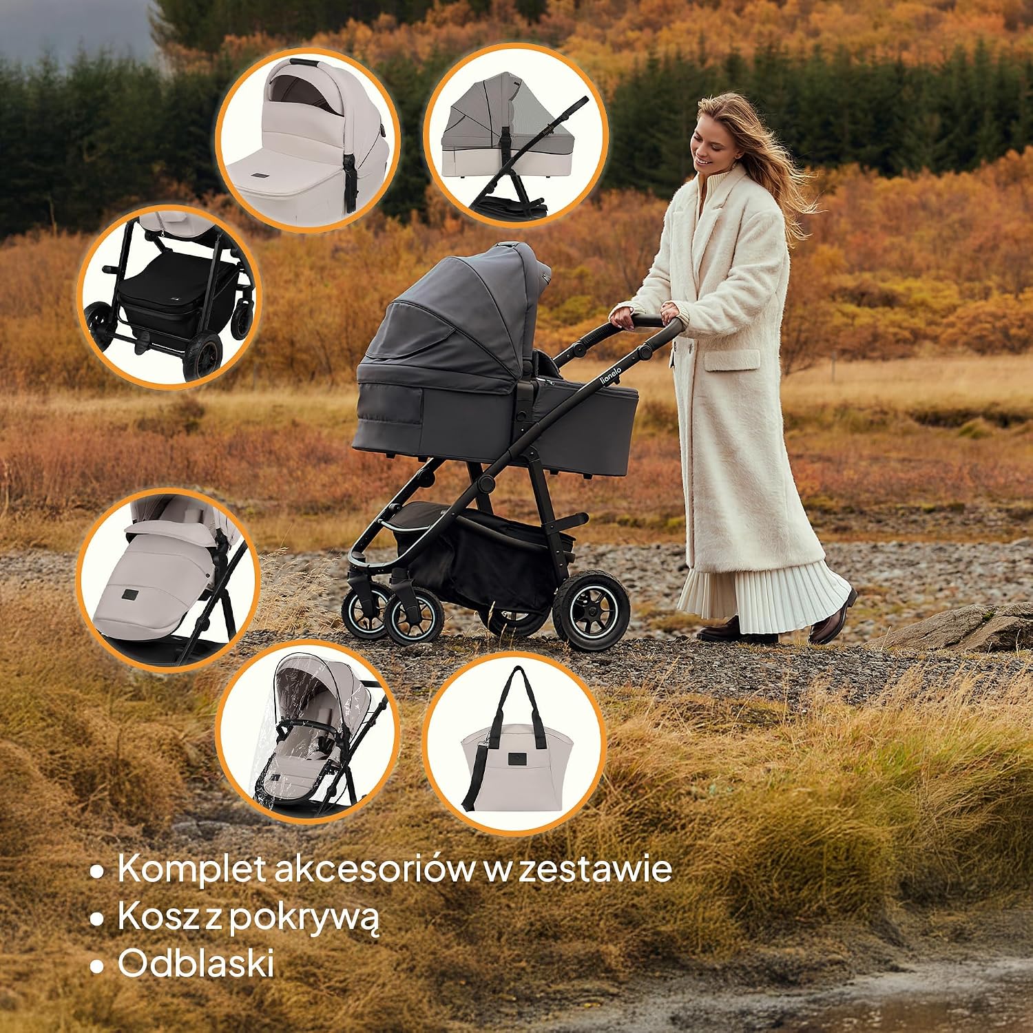 LIONELO AMBER PLUS 3 w 1 Wielofunkcyjny Wózek Dziecięcy od 0 do 4 lat do 22kg z Gondolą XL, Fotelik Samochodowy do 13 kg, Regulacja Oparcia, Duże Terenowe Koła 360o Budka XXL