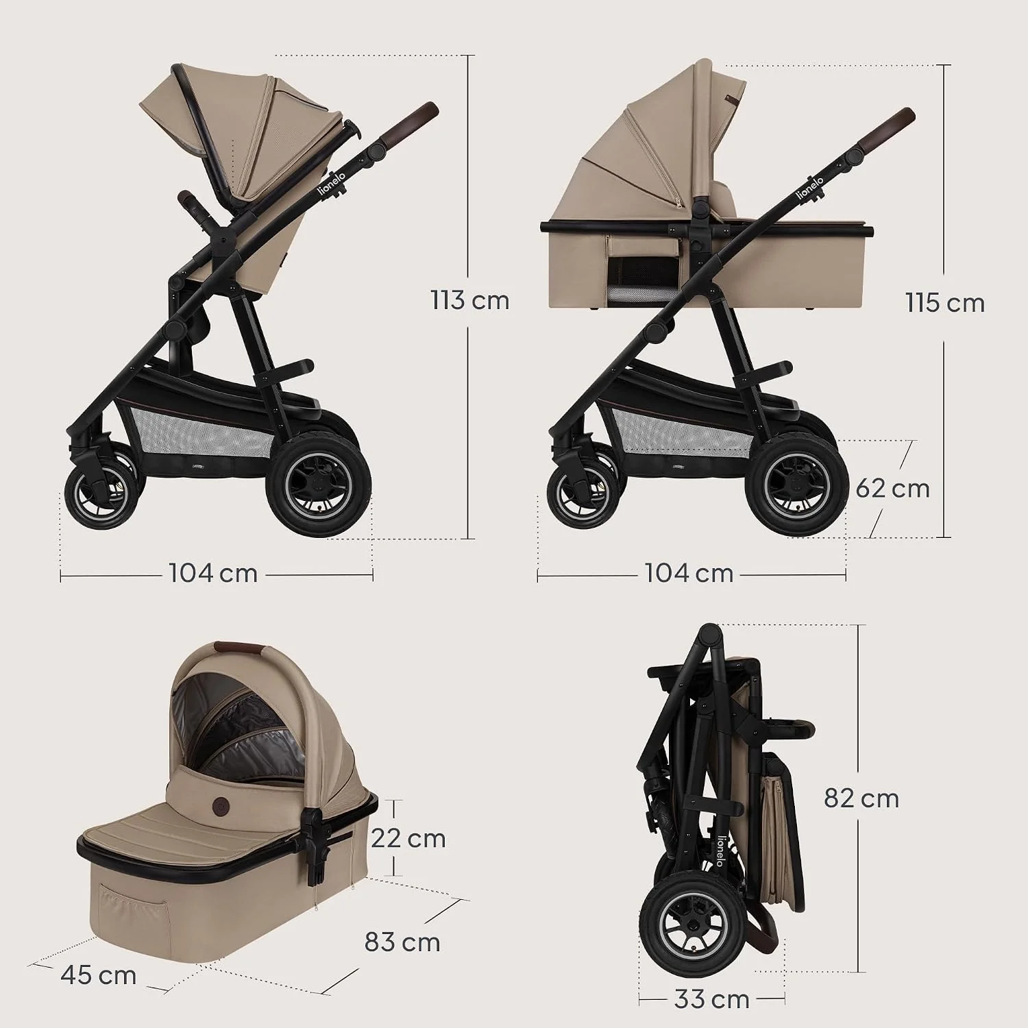 LIONELO Amber Wózek dziecięcy kombi 3 w 1, zestaw sportowych siedzisk, mocna, wanienka dla niemowląt, torba na fotel samochodowy, ochrona przed deszczem, dach XXL z ochroną przed słońcem