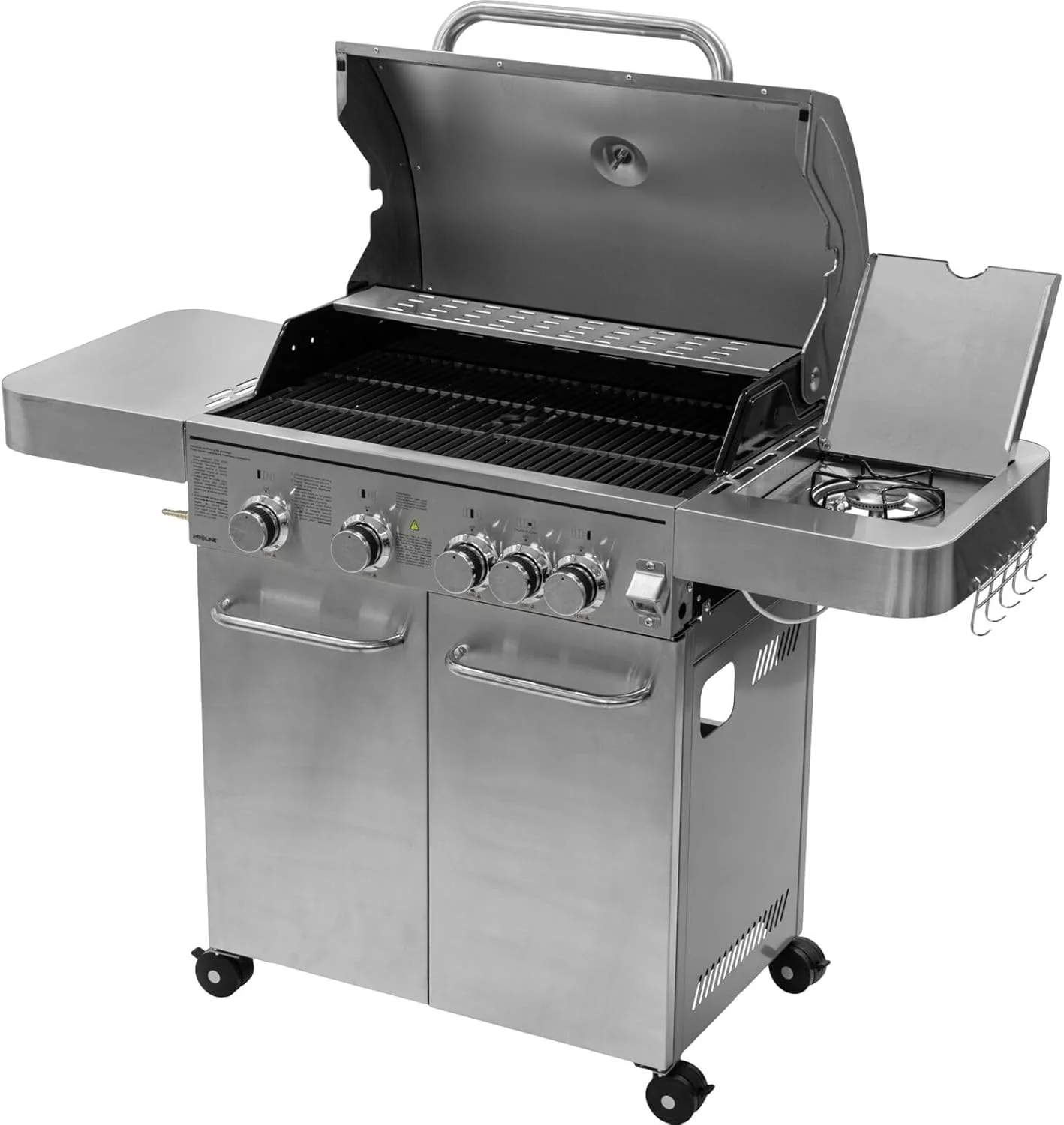 PROLINE Grill Gazowy Nierdzewny 4+1 17,15 kW – Grill Ogrodowy Premium z Rusztem Żeliwnym, Palnikiem Bocznym, Termometrem, Szafką na Butlę 11 kg, 74×44 cm, 48 kg, Zapłon Elektroniczny