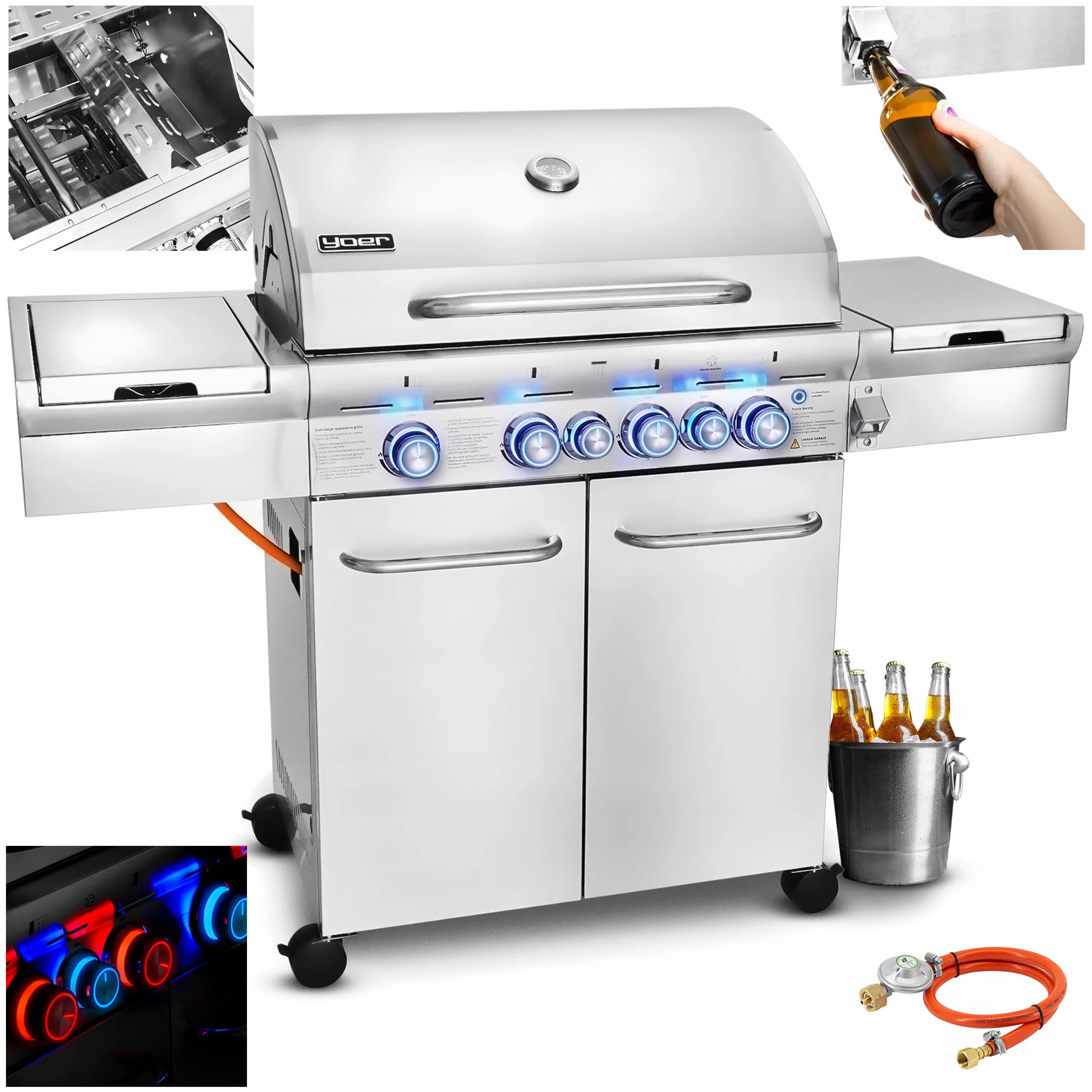 Grill gazowy Yoer 21,15 kW Ogrodowy ŻELIWNY nierdzewny 4+2 +szafka na butlę