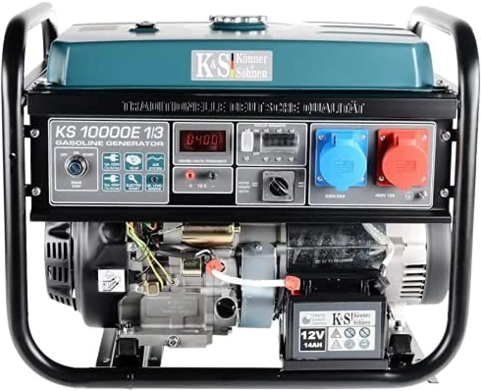 Agregat Prądotwórczy Könner & Söhnen KS 10000E-1/3 Generator Prądu Benzynowy z Układem Przełączania faz VTS o Mocy Maksymalnej 8000 W, Rozrusznik Ręczny / Elektryczny, 1x16A (400V), 1x32A (230V), 12V, Automatyczny Regulator Napięcia (AVR)