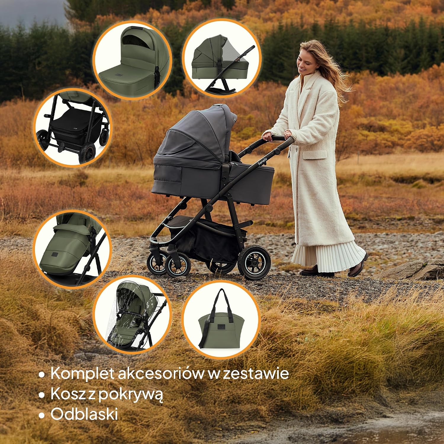 LIONELO AMBER PLUS 3 w 1 Wielofunkcyjny Wózek Dziecięcy od 0 do 4 lat do 22kg z Gondolą XL, Fotelik Samochodowy do 13 kg, Regulacja Oparcia, Duże Terenowe Koła 360o Budka XXL
