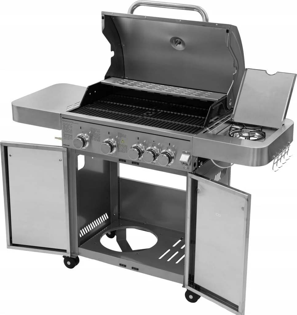 PROLINE Grill Gazowy Nierdzewny 4+1 17,15 kW – Grill Ogrodowy Premium z Rusztem Żeliwnym, Palnikiem Bocznym, Termometrem, Szafką na Butlę 11 kg, 74×44 cm, 48 kg, Zapłon Elektroniczny — widok produktu