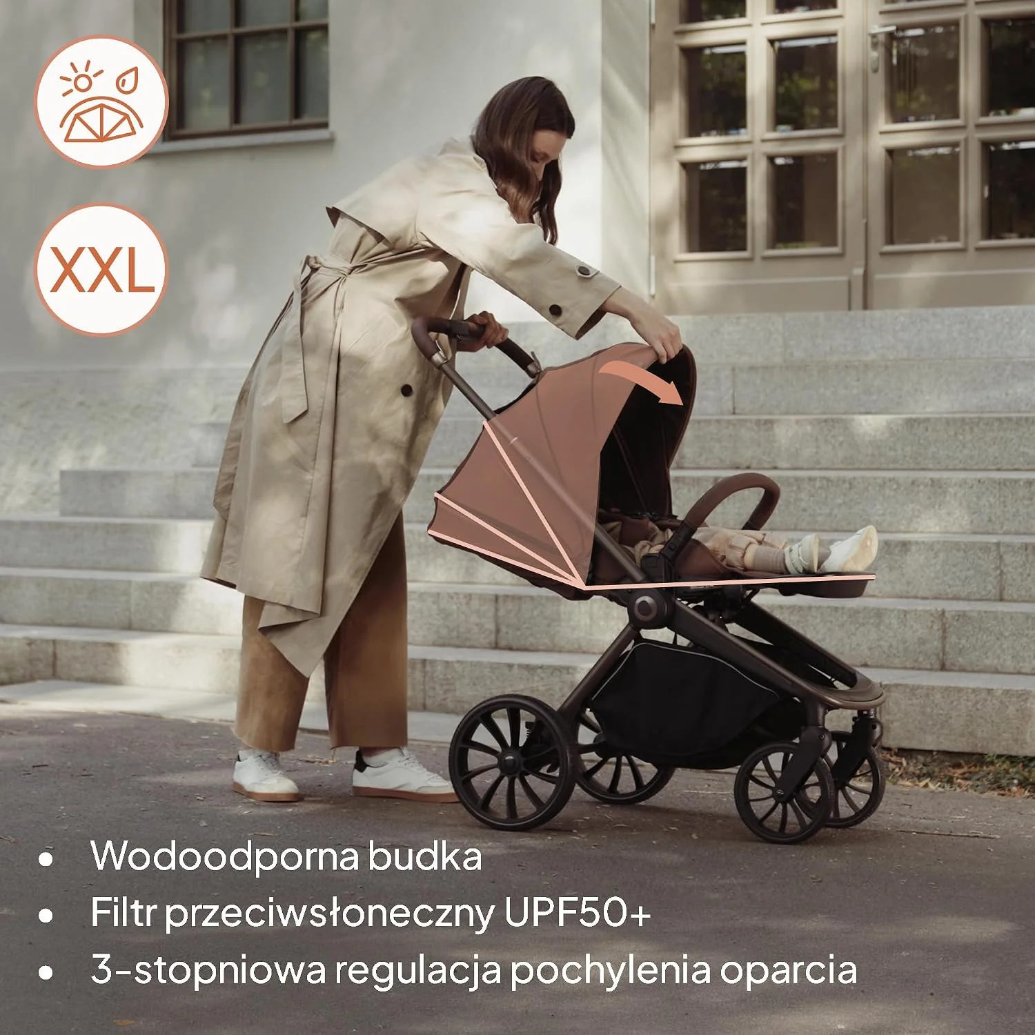 LIONELO MIKA PLUS 3 w 1 Wózek Spacerowy Dziecięcy 0-48 miesięcy do 22 kg Gondola do 9 kg Fotelik Samochodowy Nosidło do 13 kg, Regulacja Oparcia, Amortyzacja, Koła 360° Budka XXL (Beżowy)