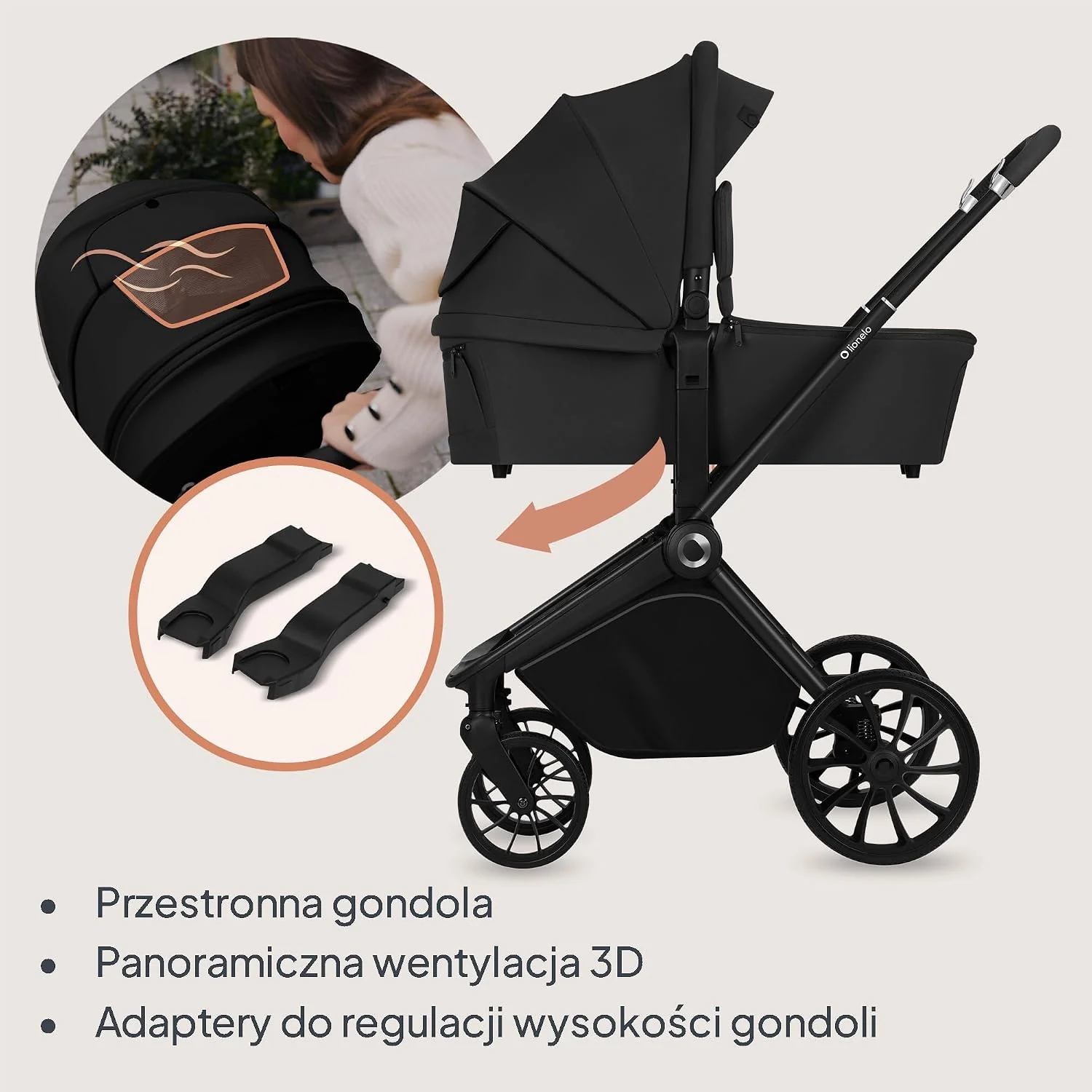 LIONELO MIKA PLUS 3 w 1 Wózek Spacerowy Dziecięcy 0-48 miesięcy do 22 kg Gondola do 9 kg Fotelik Samochodowy Nosidło do 13 kg, Regulacja Oparcia, Amortyzacja, Koła 360° Budka XXL (Czarny)