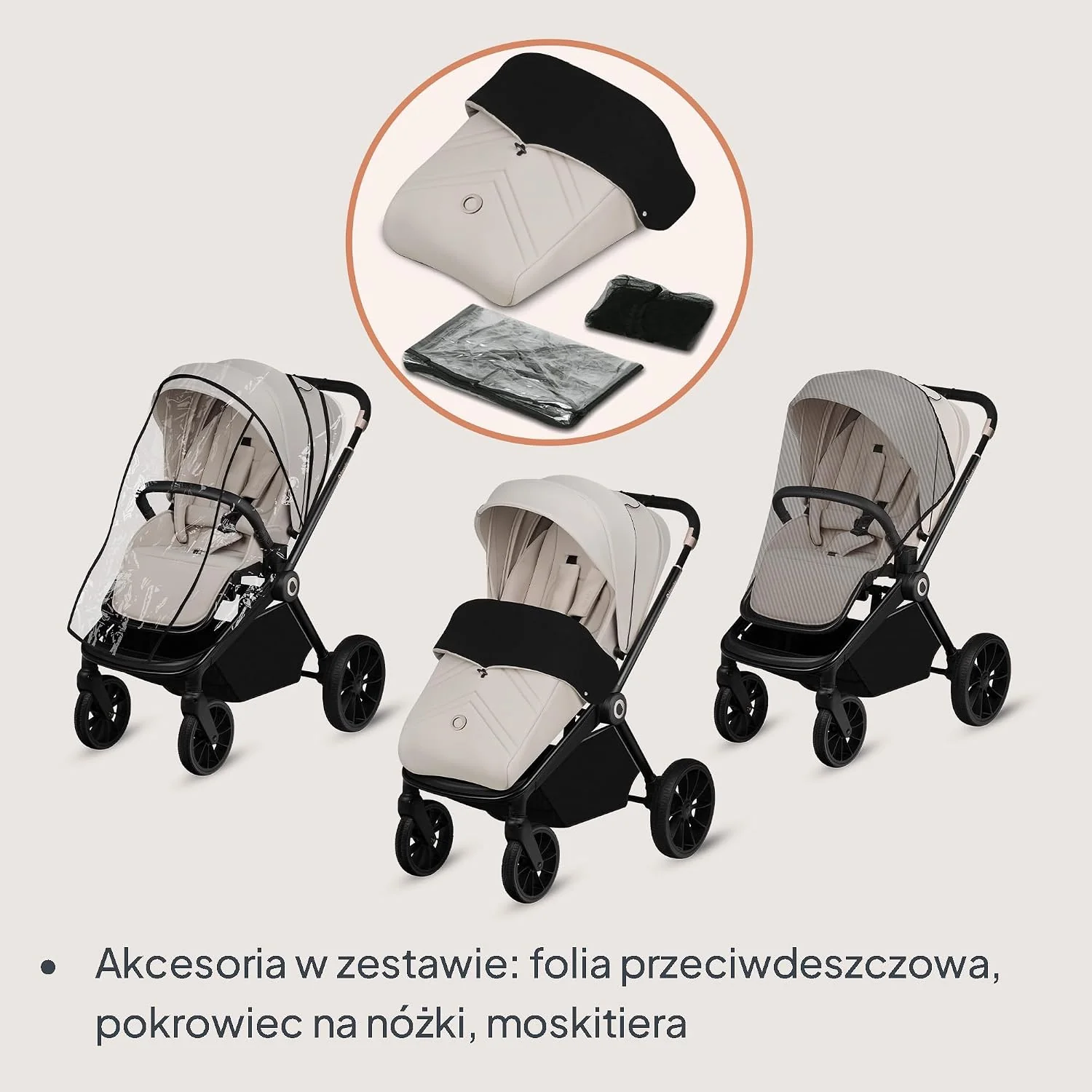 LIONELO MIKA PLUS 3 w 1 Wózek Spacerowy Dziecięcy 0-48 miesięcy do 22 kg Gondola do 9 kg Fotelik Samochodowy Nosidło do 13 kg, Regulacja Oparcia, Amortyzacja, Koła 360° Budka XXL (Beżowy)