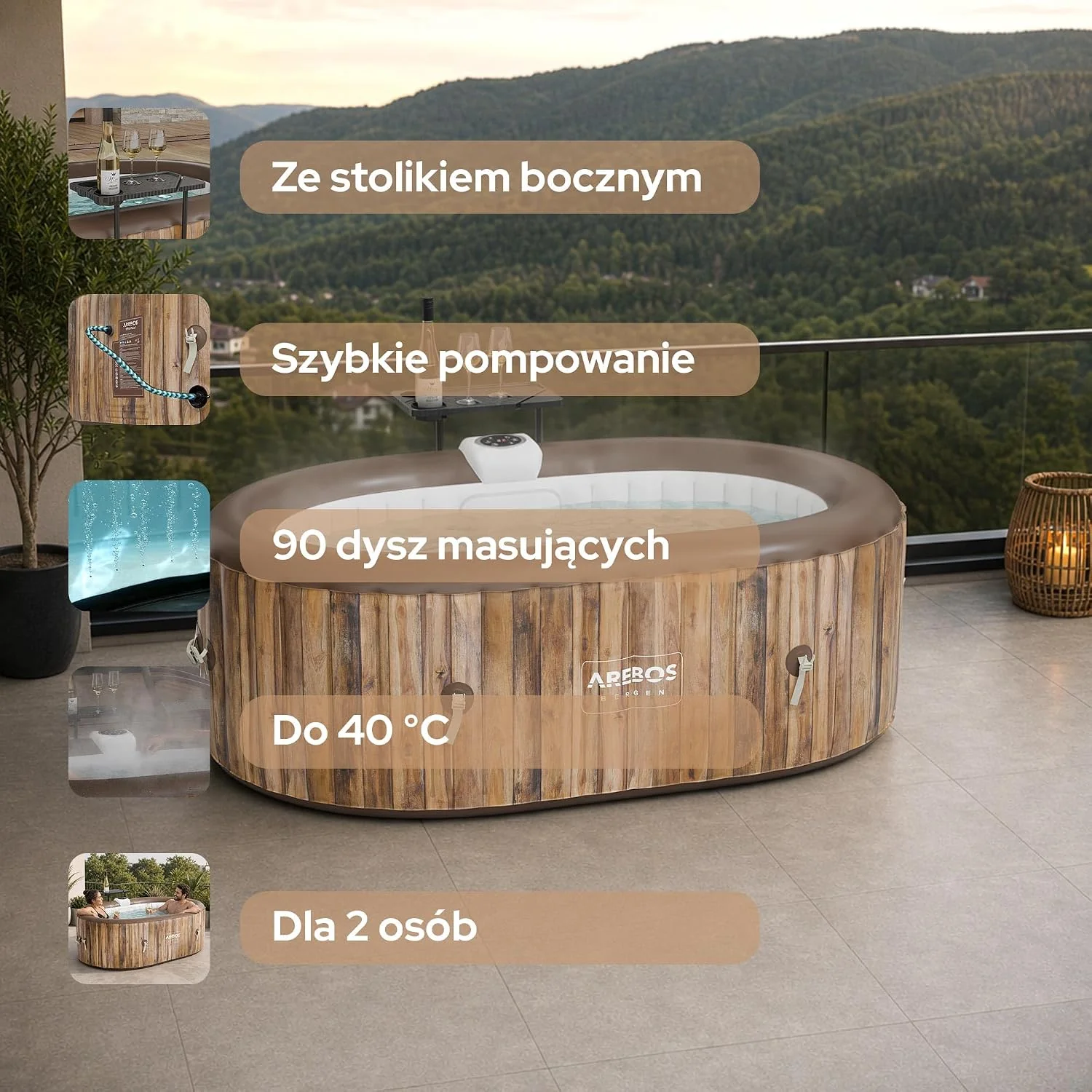 Arebos Nadmuchiwane Spa | Nadmuchiwane | Wnętrze i na zewnątrz | 190x120 cm Owal | 2 osoby | 90 dysz masujących | z ogrzewaniem | 550 litrów | Okładka w zestawie | Masaż Bubble Spa i Wellness