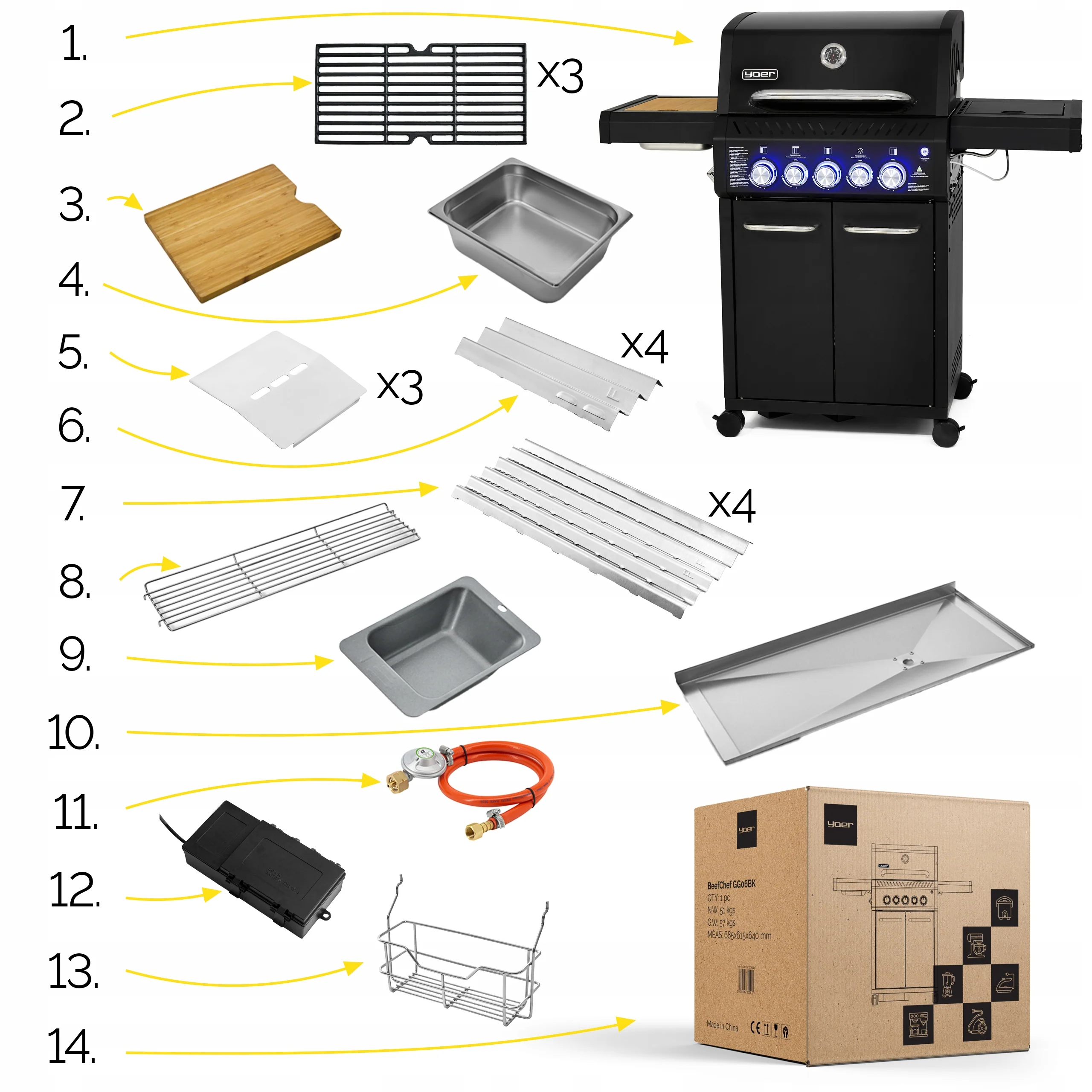 Grill gazowy Yoer 17,65 kW Ogrodowy ŻELIWNY nierdzewny 3+2 +szafka na butlę