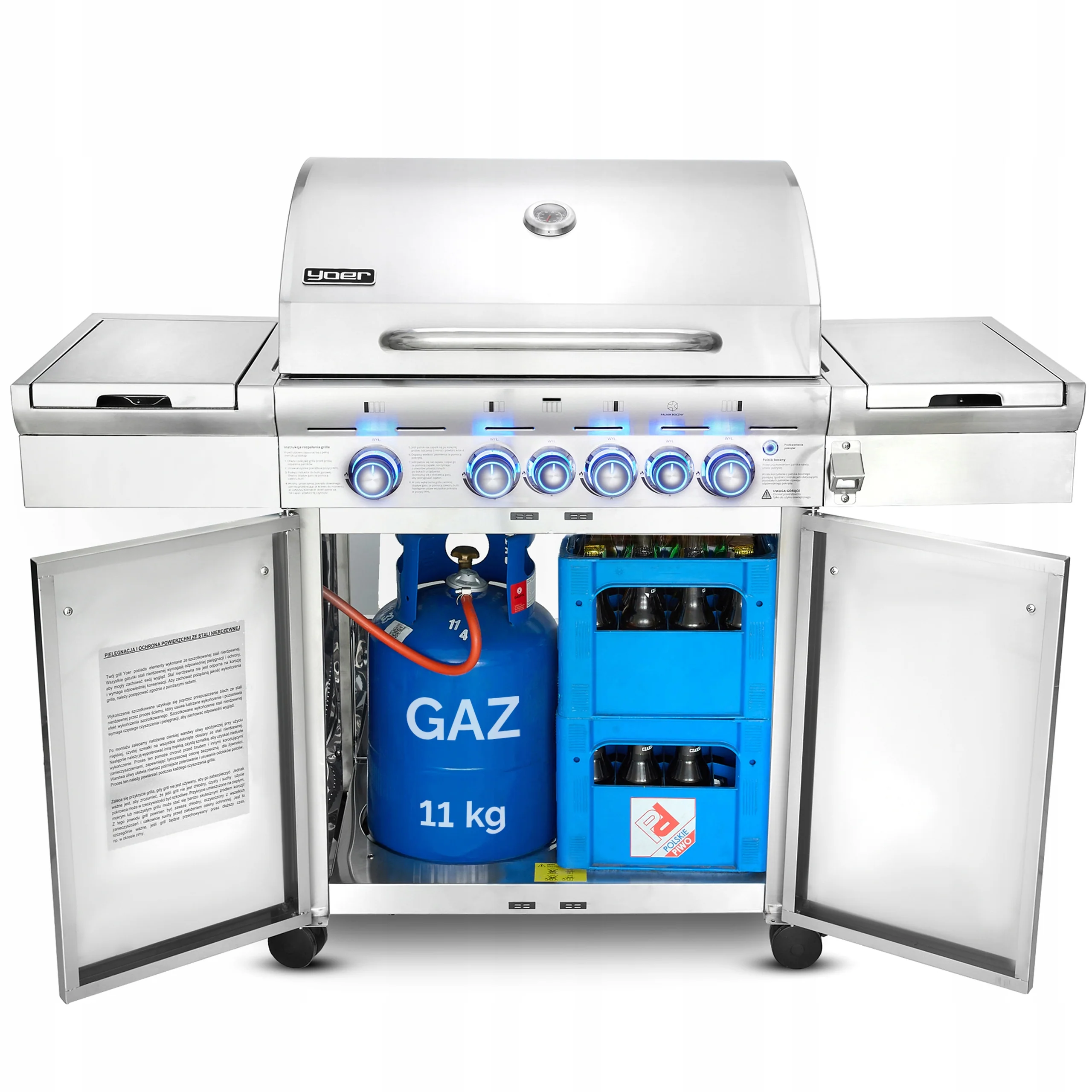 Grill gazowy Yoer 21,15 kW Ogrodowy ŻELIWNY nierdzewny 4+2 +szafka na butlę