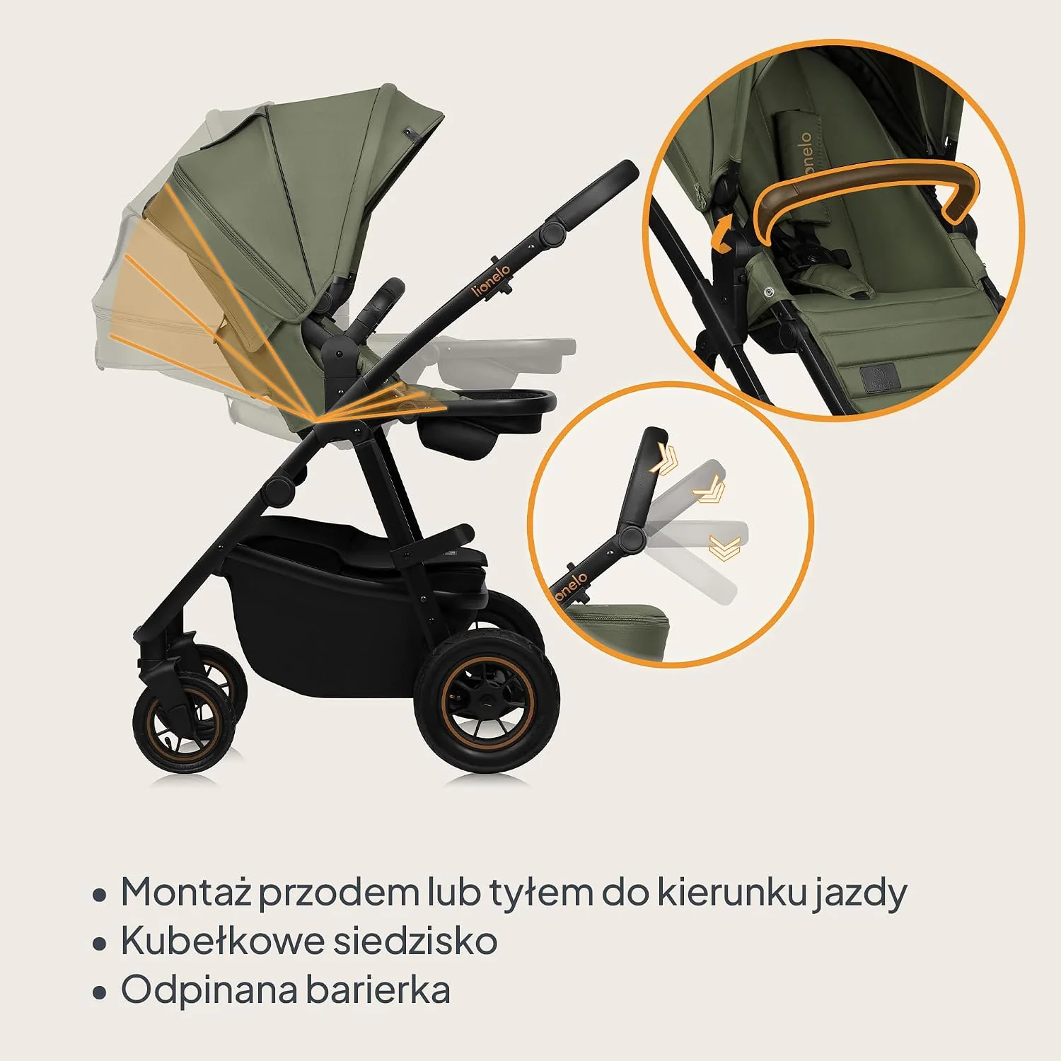LIONELO AMBER PLUS 3 w 1 Wielofunkcyjny Wózek Dziecięcy od 0 do 4 lat do 22kg z Gondolą XL, Fotelik Samochodowy do 13 kg, Regulacja Oparcia, Duże Terenowe Koła 360o Budka XXL