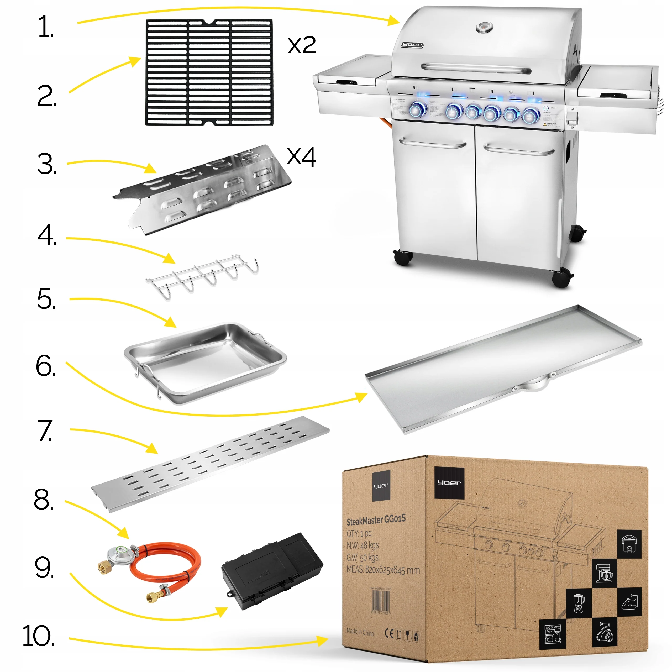 Grill gazowy Yoer 21,15 kW Ogrodowy ŻELIWNY nierdzewny 4+2 +szafka na butlę