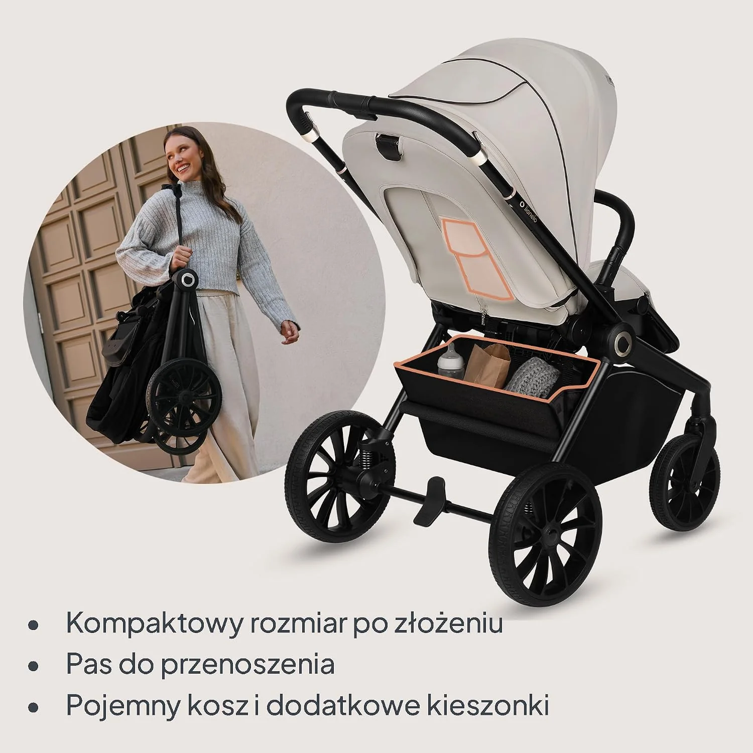 LIONELO MIKA PLUS 3 w 1 Wózek Spacerowy Dziecięcy 0-48 miesięcy do 22 kg Gondola do 9 kg Fotelik Samochodowy Nosidło do 13 kg, Regulacja Oparcia, Amortyzacja, Koła 360° Budka XXL (Beżowy)