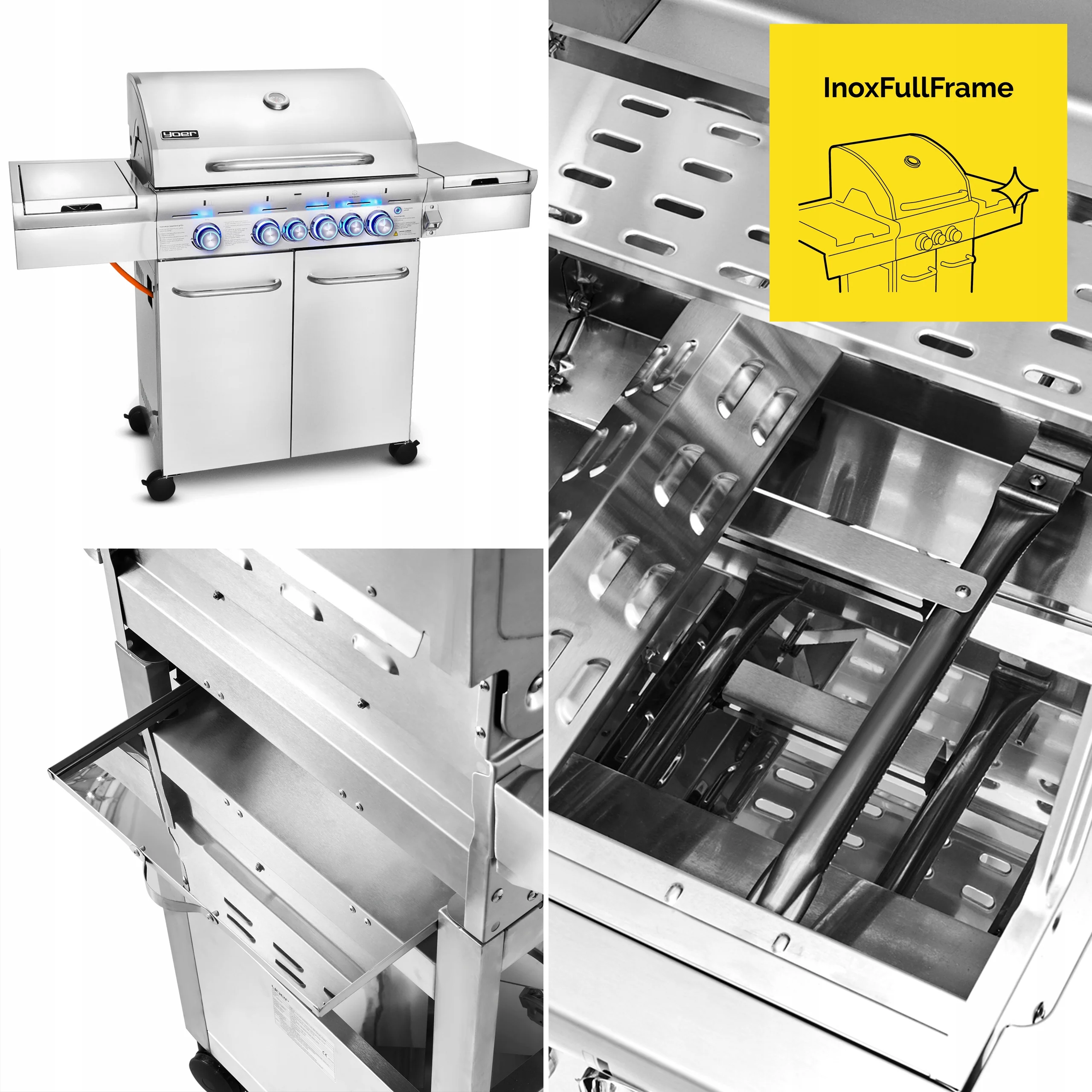 Grill gazowy Yoer 21,15 kW Ogrodowy ŻELIWNY nierdzewny 4+2 +szafka na butlę