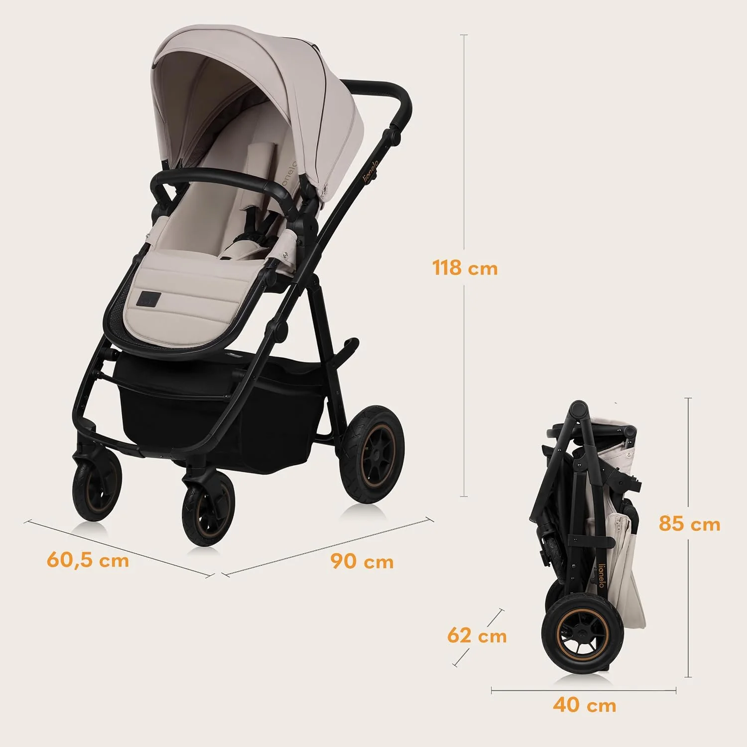 LIONELO AMBER PLUS 3 w 1 Wielofunkcyjny Wózek Dziecięcy od 0 do 4 lat do 22kg z Gondolą XL, Fotelik Samochodowy do 13 kg, Regulacja Oparcia, Duże Terenowe Koła 360o Budka XXL