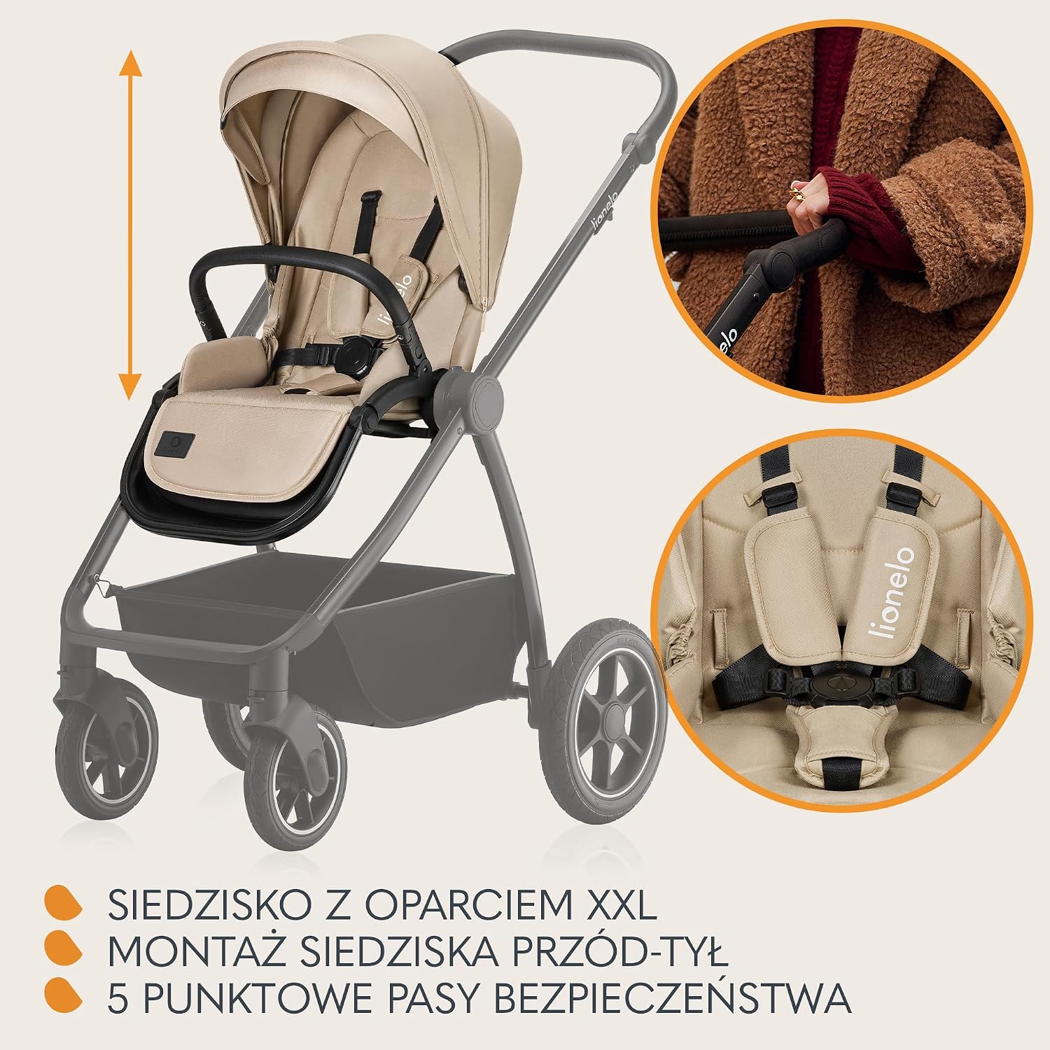 LIONELO MERIL 3 in 1 Wielofunkcyjny Wózek Dziecięcy 0-48 Miesięcy Do 22 Kg, Gondola Do 9 Kg, Fotelik Samochodowy Do 13 Kg, Koła Terenowe 360°, Pełna Amortyzacja, Budka XXL UPF50+ (Beżowy)