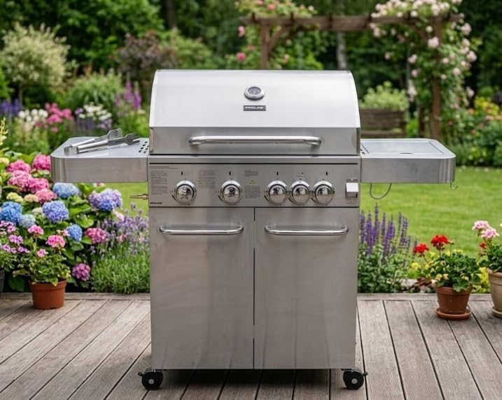 PROLINE Grill Gazowy Nierdzewny 4+1 17,15 kW – Grill Ogrodowy Premium z Rusztem Żeliwnym, Palnikiem Bocznym, Termometrem, Szafką na Butlę 11 kg, 74×44 cm, 48 kg, Zapłon Elektroniczny — widok produktu
